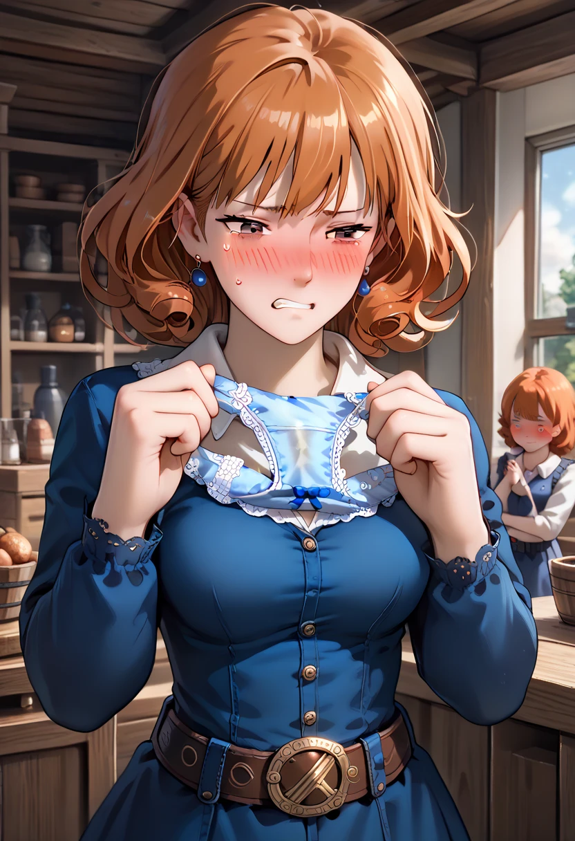 (Nausicaa,1girl,Orange hair, medium hair, brown eyes, medium breasts, earrings, (dark blue dress:1.0), , long_ sleeves, belt) straight-on　(cowboy shot:1.2) Looking Side:1.5 (embarrassed:1.5) narrowed eyebrows:1.3 ( Next:1.5) troubled eyebrows:1.3 (frown:1.3) clenched teeth:1.5 (narrowed eyes:1.5) (withdrawn face:1.6),nose blush:1.2 embarrassed,blush:1.5 feeling weak:1.3 (holding blue panties unworn blue panties Unworn blue panties:1.5) hands panties standing:1.2 inner thigh:1.2 high quality panties:1.2 　An old wooden interior