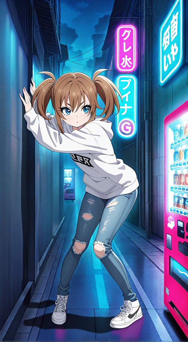 1girl,solo, vending machines focus,brown hair, twin ponytails, side locks, ripped jeans, skate, accessories, big blue eyes, detailed eyelashes, young, anime screencap. alleyway, night, neon light, street punk, giant grafiti on the wall, fog, shadow contrast, shock, dynamic pose, smartphone, cyber limbs, vending machine, steam, pavement, masterpiece, best quality, highres, absurdres, low key,