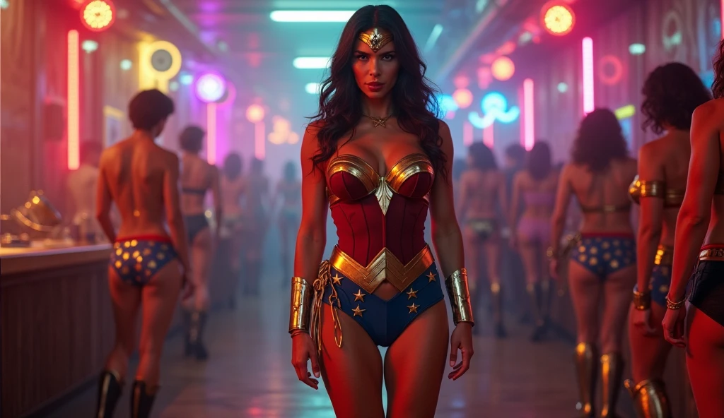 Screengrab of 1950's Super Panavision 70 movie. Retro in color. Wonder Women Wearing a sexiest transparent pink dress. And background dark shadows city.