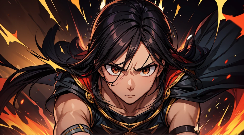 A Powerful Man Releasing Fierce Energy, Brown Eyes And Black Hairs, Fair Skin, in The Battleground Everyone Seem Terrified Because Of Him, Create A Dramatic Scene Anime Style