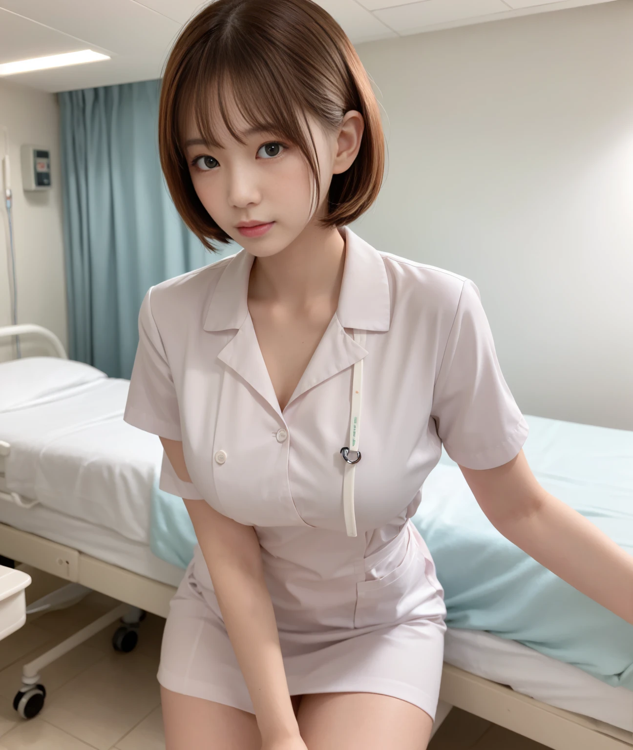 (1 Girl)、(Beautiful Japanese、18years old,round face、Refreshing、clear、seems kind、stylish、Pitiful、cute like an angel、cute、black eyes、,actress,Almond-shaped eyes), Good style , (Beautiful big breasts:1.2),(soft breasts),(very cute),(Black hair),(short bob hair),(enchanting eyes),(highlight on eyes:1.2)、(8K、Live shooting、highest quality、masterpiece:1.2、optimal lighting)、((masterpiece)),(Photo taken by a professional photographer),(real、photo real:1.4),break,{ (pink nurse costume),(((taraditional nurse uniform))),(pink nurse mini skirt),(( pantyhose)),(cleavage:0.7)},(Big laugh),(cheeks are red:1.2), break, break,Hospital,Face shot:1.3、Hospital room、Looking at viewer, face close-up,from above,