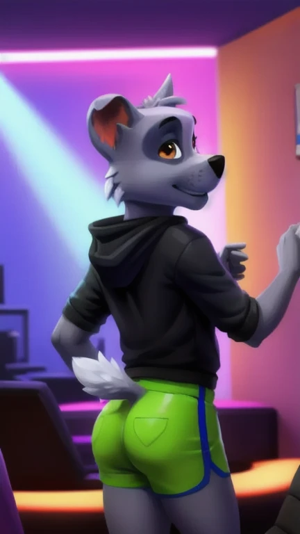 A cat boy stands in a short green top and listens to music, fluffy fur, crop top, headphones on head