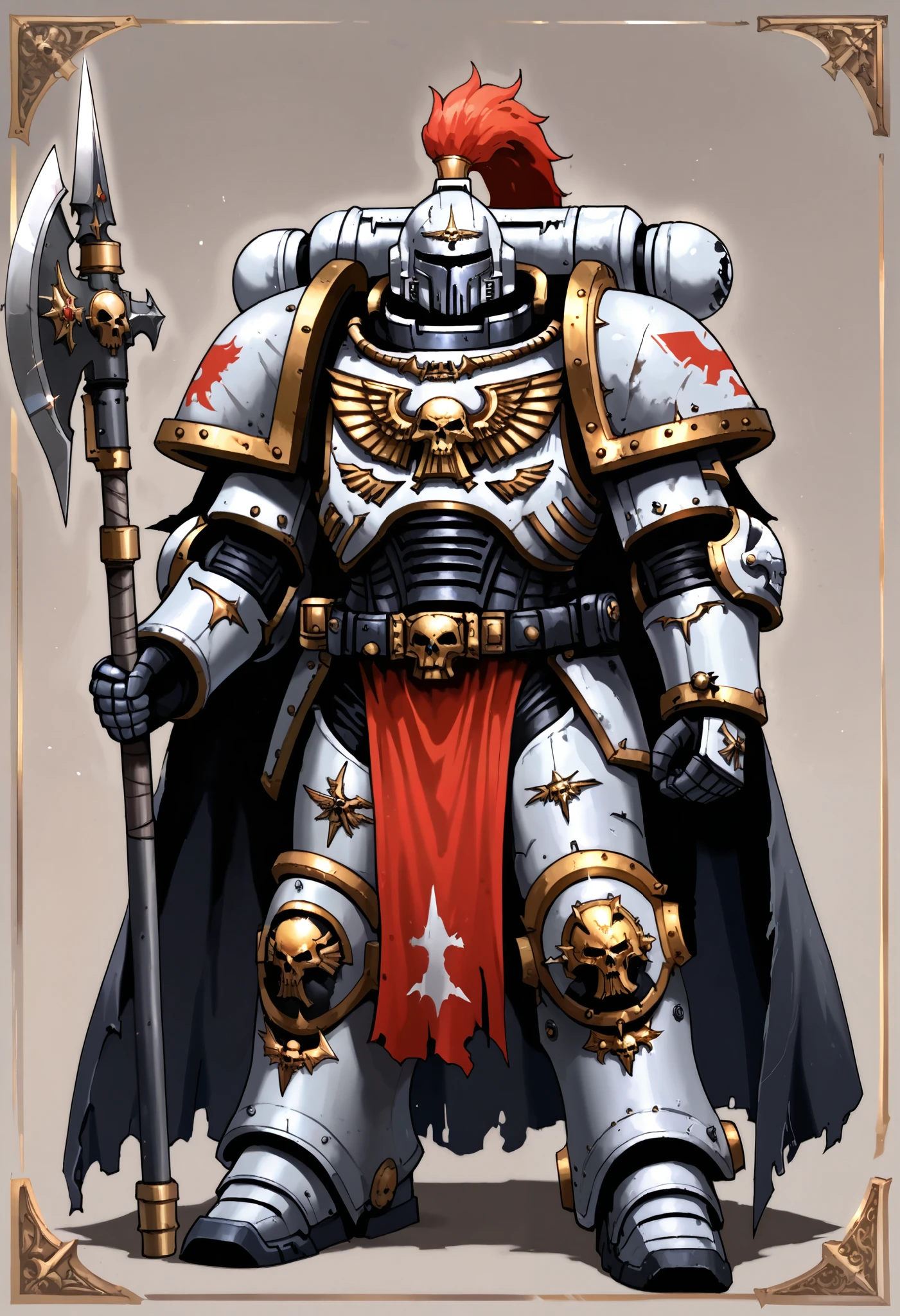 Anime, Concept art, Absurd resolution, high resolution, (masterpiece: 1.4), hyper-detail, warhammer 40k terminator armor, Juggernaut armor, heavy armor, knight, full body, glowing weapon, cloak, silver armor, edgy, grimdark, octosoup, 1man, bulky, buff, red plume, loin cloth, primaris helmet, reference sheet, iron halo, UltraM40k, full shot, Holding_Halberd_V1