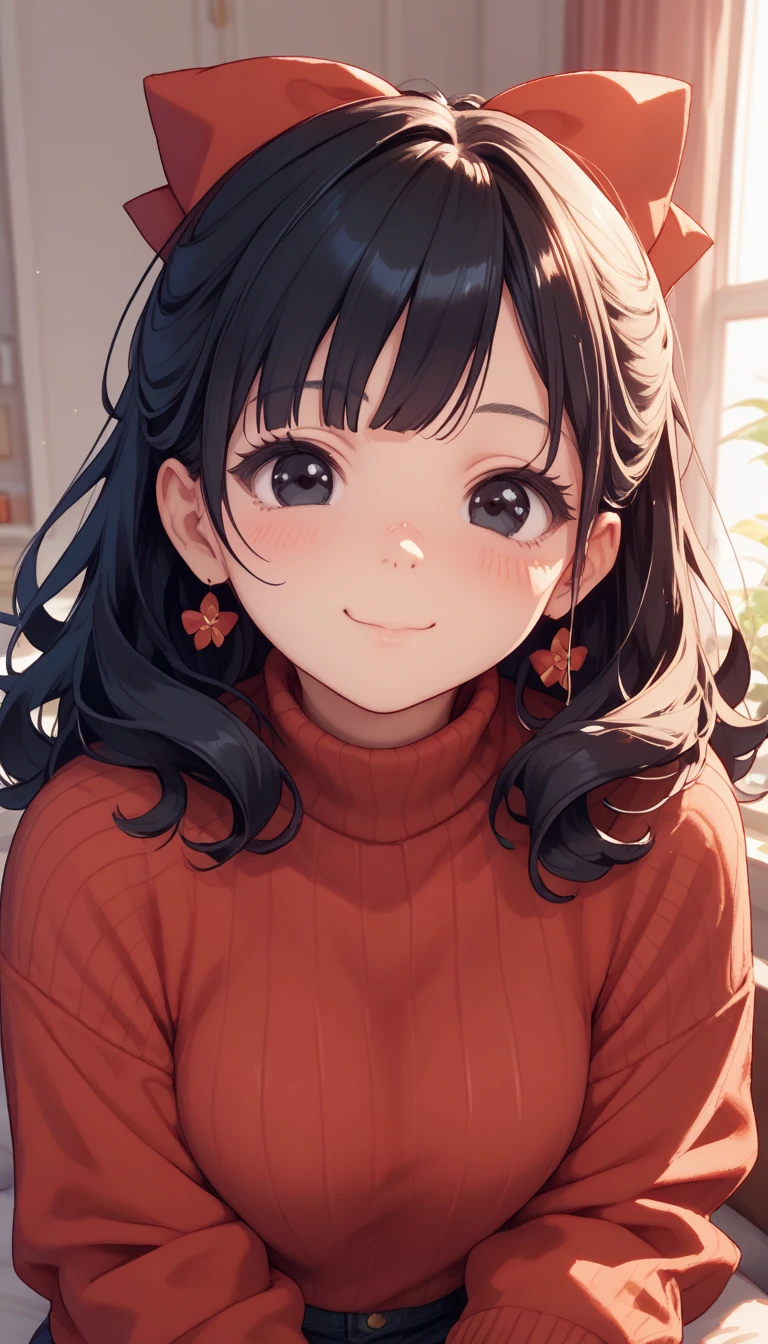 TinyMita, 1girl, cute smile, blush, (black eyes), hair bow, red sweater, wide line art, simplistic, cute