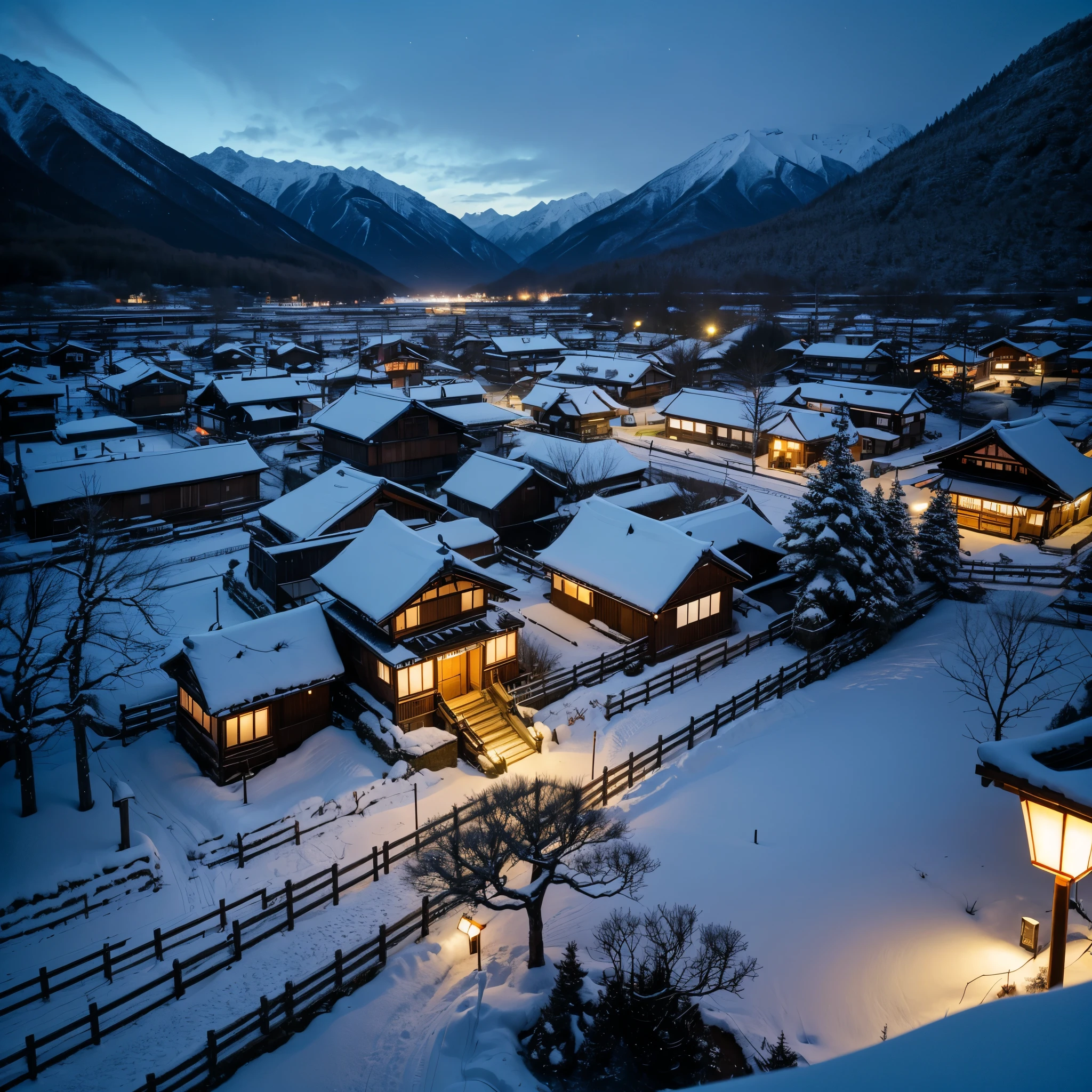 the snow is falling down and there are many small buildings covered with lights, a tilt shift photo, japanese rural town, magical village, in a japanese town at night, nightime village background