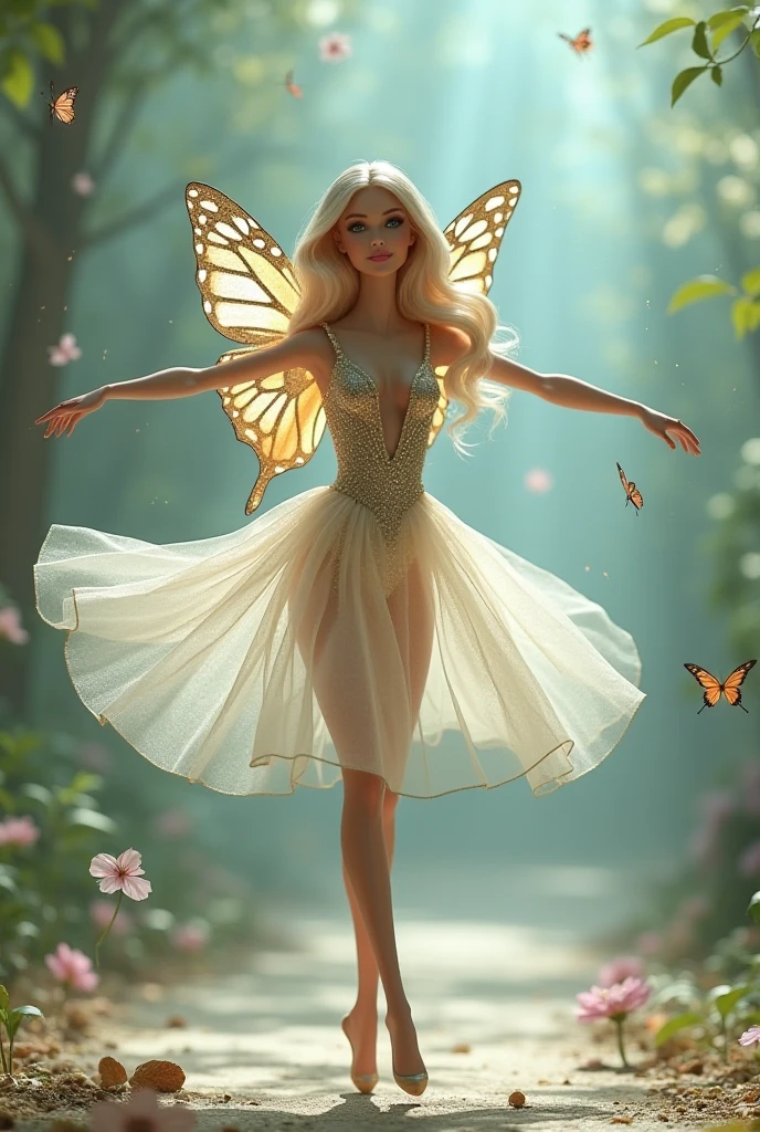 Cloud fairy from Neverland with long silver blonde hair down and porcelain white skin wearing white translucent silk bandeau top with no strings and a high-waist bubble skirt , ballet shoes with long strings, wings