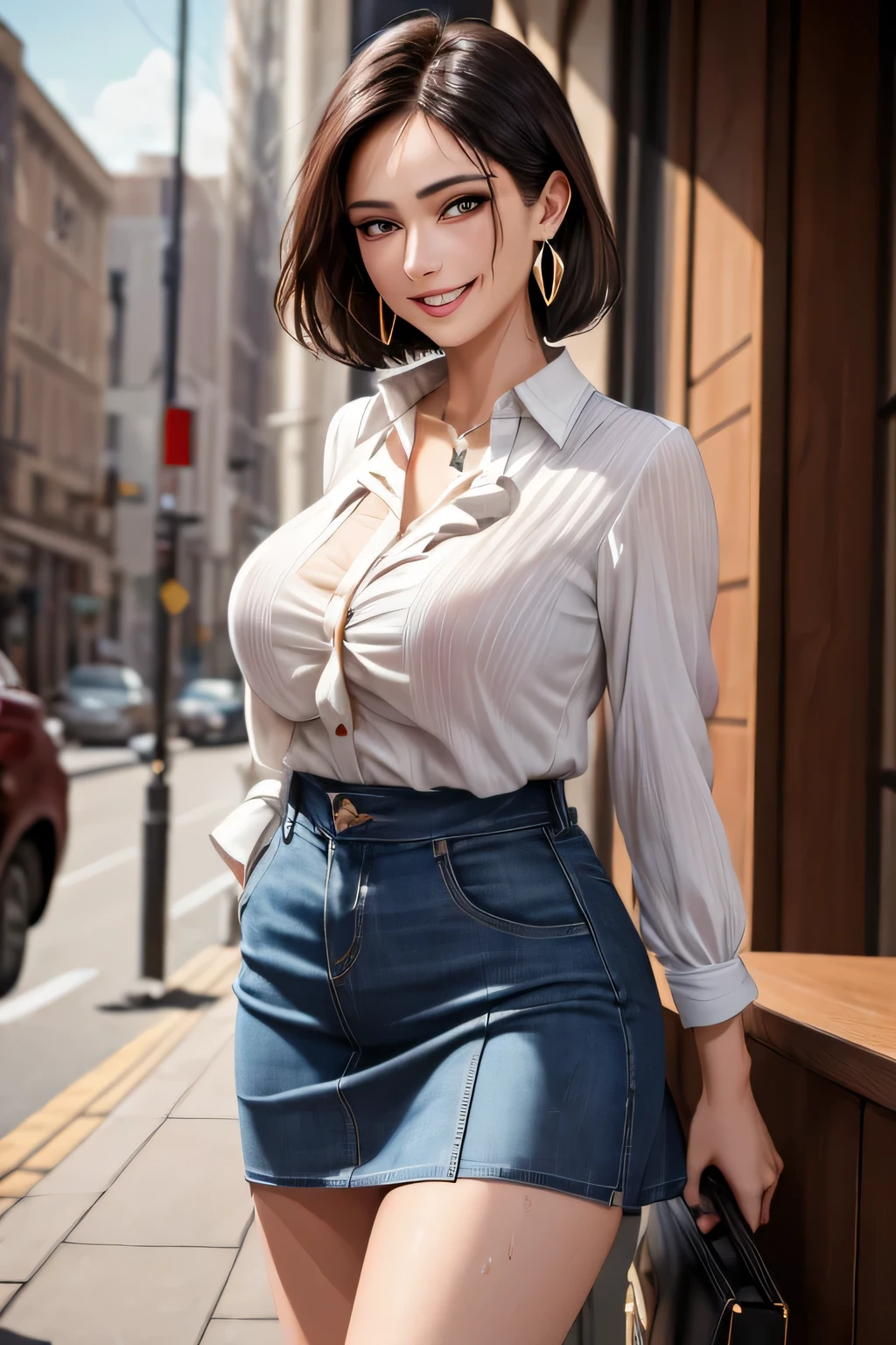 ((((masterpiece,  top quality ,  high res)))),  Extremely Detailed 8K , glamorous, (very detailed,  Extremely Realistic,  super real , Photo realistic), (1girl),  beautiful,  very detailed face, fine grain, eyelash,  double eyelids, (grin), (Realistic black hair), (short hair, hair ornament,  earrings), (dynamic pose), View your viewers, (balancing,  embarrassing, smile), (Sharp Eye), (big and firm breasts with a plump body :1.2), ( beautiful face, beautiful eyes), ((blouse, Tight Miniskirt )), slut, (stand up), sweat, Shine, (Sunbeam, sunlight), ((cowboy shot )),  hotel, attractive. liar