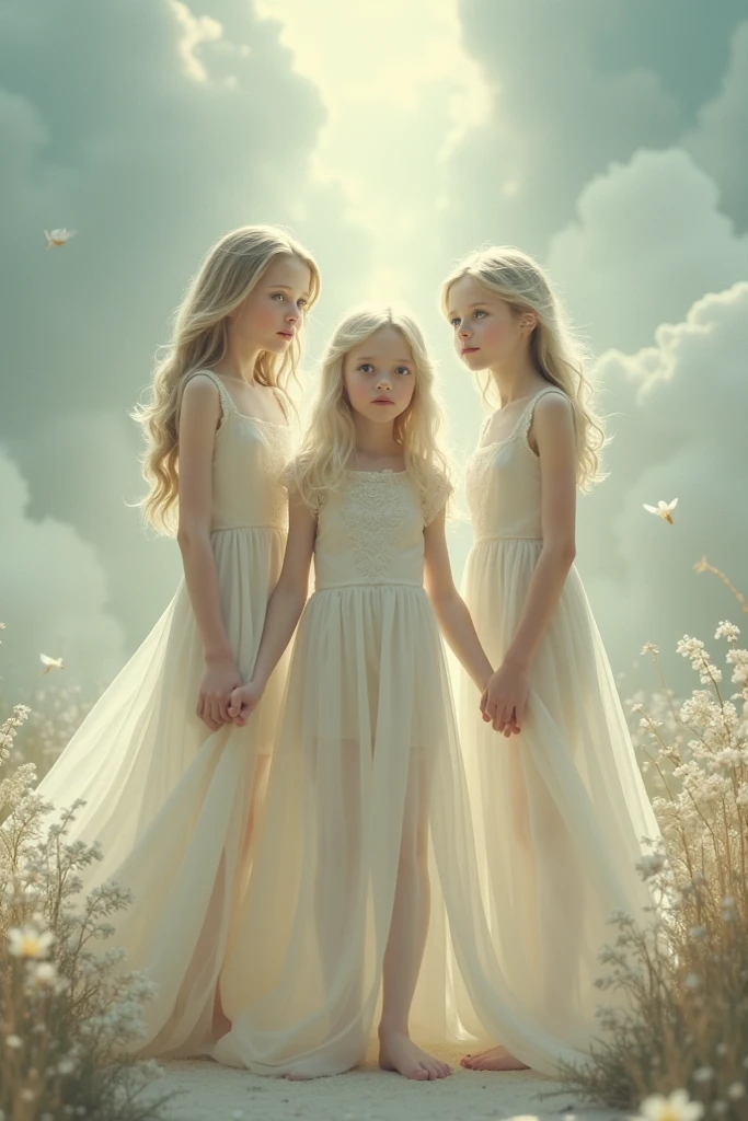 Three young fairies in collared and full sleeve gowns, their skin are not revealed. The background is snowy night landscape with misty Forest. White roses and green veins are tangled around their arms.