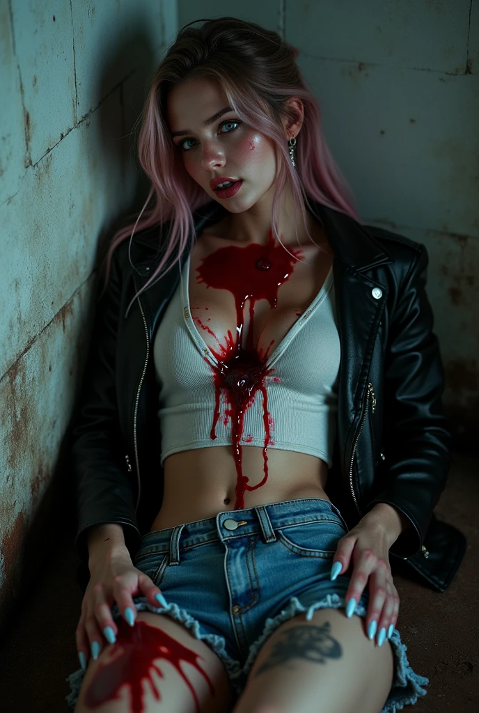 ((Best quality, 8k, Masterpiece: 1.3, realistic)), 30 year old woman, ((Pink hair with orange/blue highlights)), Zombie apocalypse, Pistol holster strapped to leg, Desert Eagle Pistol in Right hand, Black Cargo pants, Black coat with hooded, backdrop of city burning, Looking at viewer, Dark and stormy day, raining, sunset, Smoky atomsphere, ((Eye makeup, pink mascara)), (((ultra realistic))), masterpiece, Small nose, Sharp focus: 1.2, Multiple Ear Piercings, right side stud nose piercing, ((very detailed eyes, very detailed iris)), Taken with Nikon Z 14mm ultra wide-angle, radiant light rays, high resolution, high detail, spooky atmosphere, looking at viewer, smoke in sky, Burning, depth of field, ((she has blood on her with cuts and scratches)),