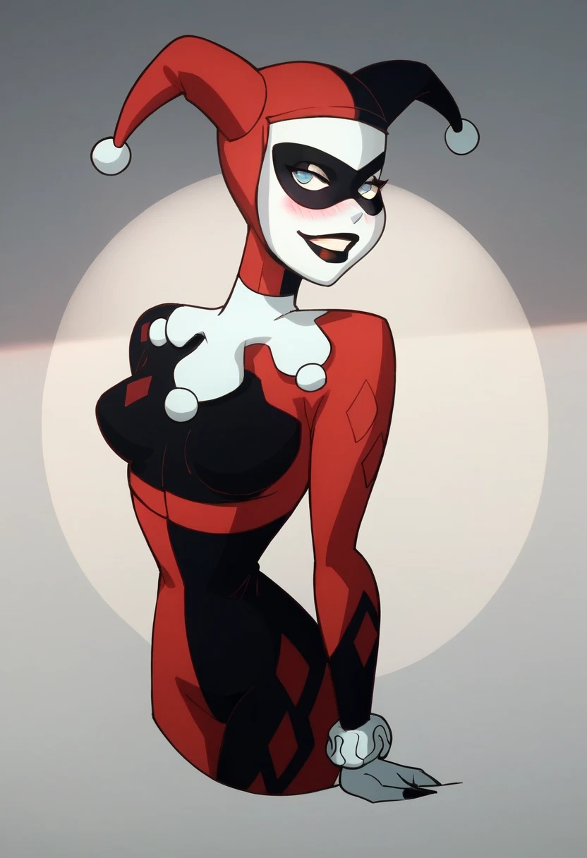 <lora:HQ1992>, hq1992, woman, smiling, standing, ((seductive pose)), ((holding large detailed scary pistol)), bodysuit, domino mask, gloves, hat, jester cap, mask, red bodysuit, cameltoe, nipples poking through costume, red gloves, smile, solo, perfect hourglass figure, petite, (busty:1.2), (cowboy shot, waist, hips, thighs), high quality, highres, absurdres, (cute, beautiful, gorgeous, stunning, feminine face), ((detailed beautiful face, detailed beautiful eyes)), ((white background)), ((best quality, masterpiece, epic, flawless, clean quality)), ((high contrast))