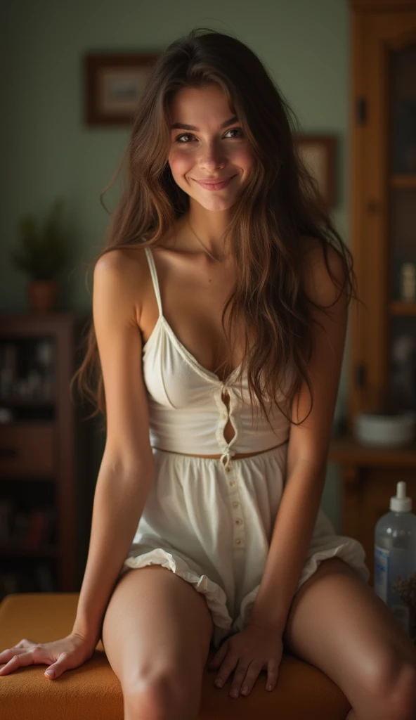 Sarah Michelle Gellar, 25 years old,loose sundress, messy hair, beautiful woman, adult woman, beautiful eyes, sexy woman, gorgeous woman, interior kitchen, soft lighting, traditional housewife, barefoot, 1950s values, lovely woman, waiting to make love to you, Virgin wife,((cleavage)),((medium boobs)),(((leaning forward))),((((cute smile))))