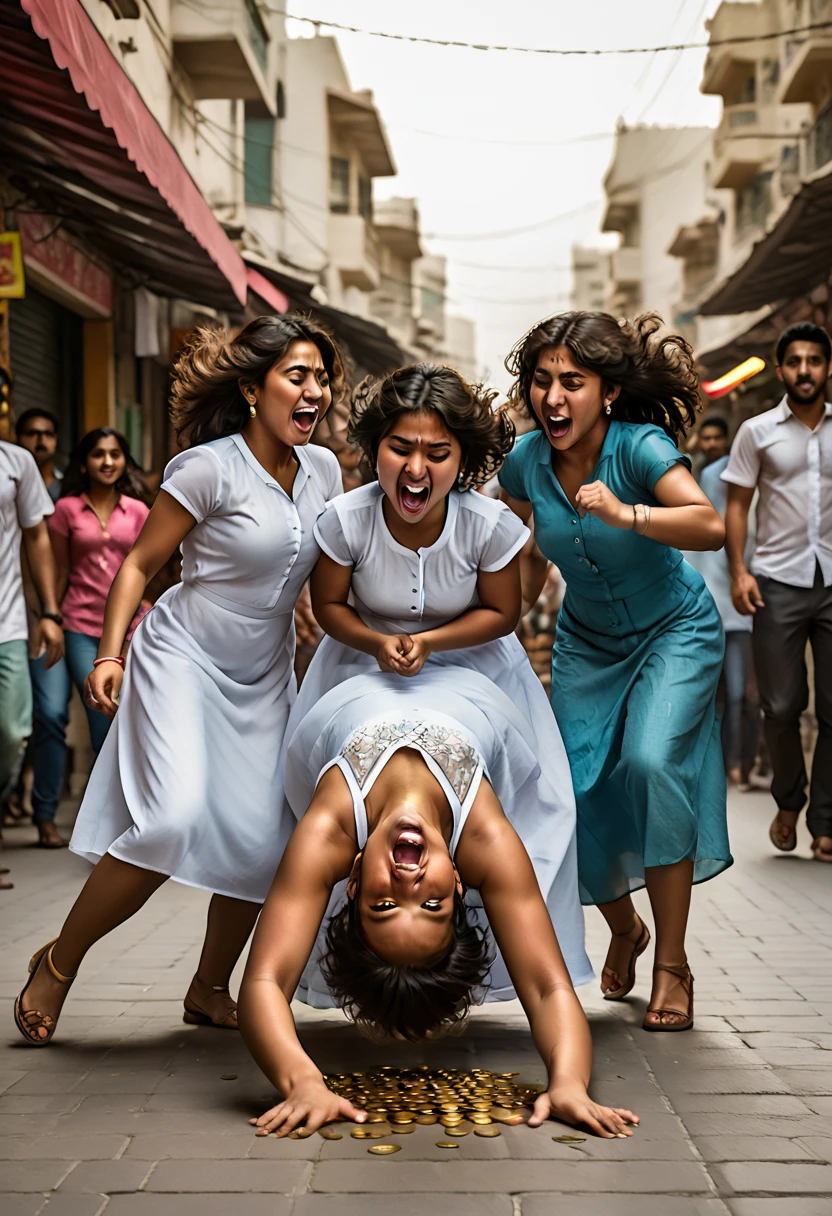 a high quality cartoon illusion of two (American) beautiful big puffy girls punching a boy in the face at the (UAE) market, lifting abyasa dress, the boy laying down on the floor, crowd of girls harassing the boy cheering and tossing coins and money, waving money, one naughty girl ripping off his shirt. street photography, vibrant colors, chaotic scene, outdoor, multiple people, dramatic lighting, action shot, motion blur, dynamic poses, cultural diversity, real emotions, urban setting, candid moment, intense expression, traditional clothing, social commentary.