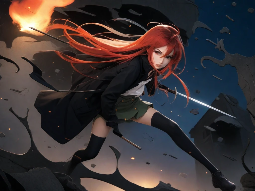 1 girl, cowboy shot, rubble ruins, anger, (battle preparation:1.2), open your mouth, (night:1.2), explosive inflammation,shana, red eyes, redhead, very long hair, hair between eyes, (Ahoge:1.1), explosive flame,abandoned building,rubble serafuku, , short sleeve, green skirt, Thighhighs,long Japanese sword wrapped in flames..,highest quality, masterpiece, High resolution, black long coat,
shana, red eyes, red hair, very long hair, hair between eyes, ahoge),  score_9, score_8_up, score_7_up, source_anime, Swing a sword with both hands ,(photo realistic:1.4),(realistic skin:1.4),photo realistic