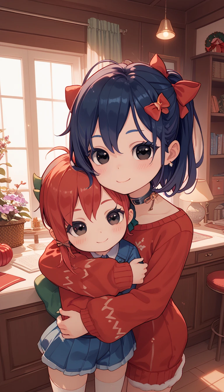 (TinyMita), (dark blue hair), little, short, (li), cute smile, blush, (black eyes), (red hair bow), red Christmas sweater, wide line art, simplistic, cute, about to hug