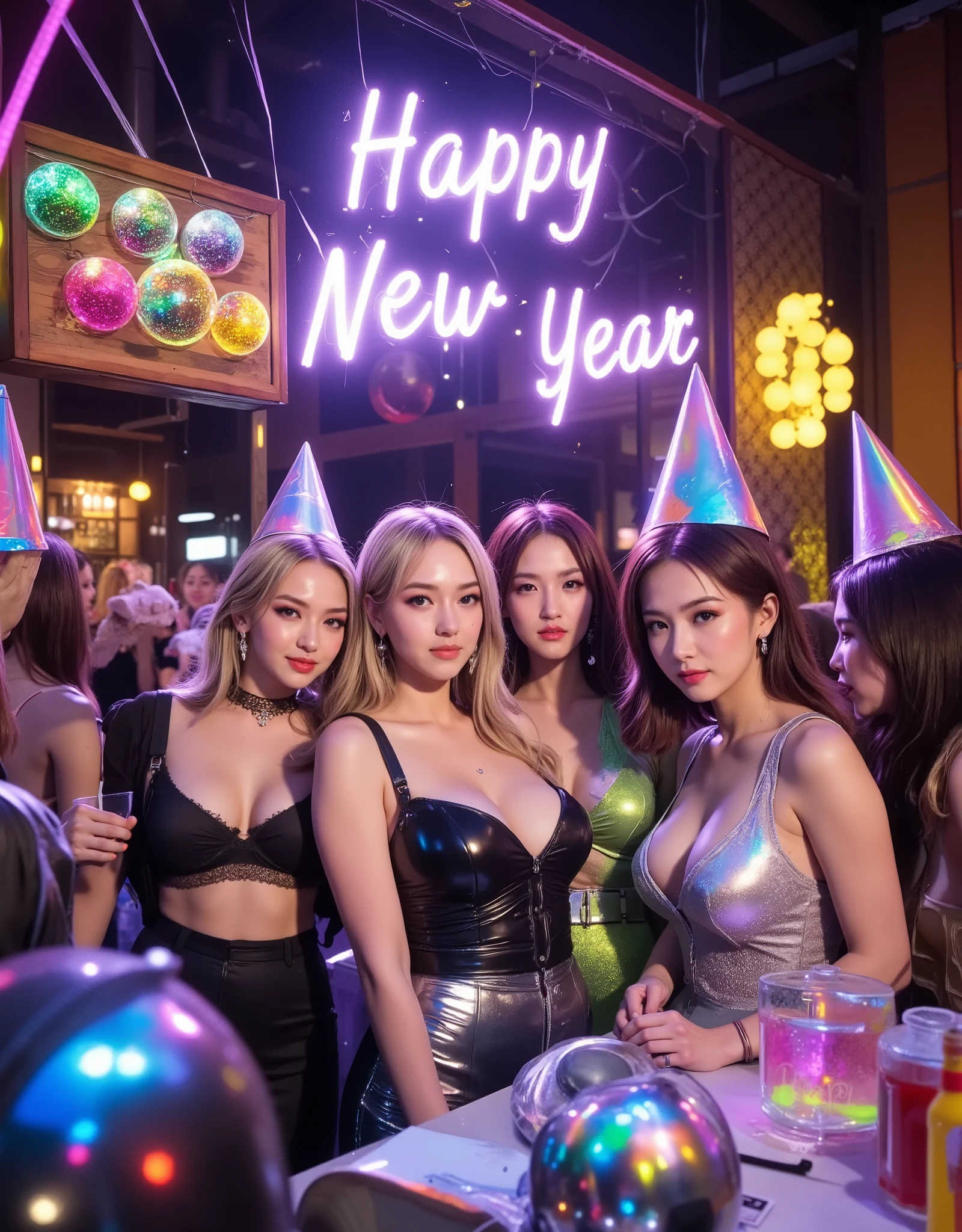 8K resolution, masterpiece, Highest quality, Award-winning works, A woman Drinking with female friends at the bar counter after drinking too much at a New Year's party, disco, dance party, cocktails, mirror ball, party cone hat, new year party decorations, party hat, シャンパン, Party popper, big banner "Happy New Year",