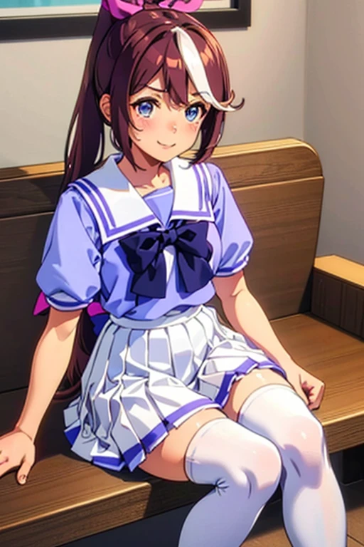 Tokai Teio,smile,high ponytail,streaked hair,fake animal tails,girl,best quality,tracen school uniform, sailor collar, bowtie, purple shirt, sailor shirt, short sleeves, white skirt, white thighhighs,white kneehighs,Narrowed sleeves, long chair,sitting,blue line on the edge of the white skirt,