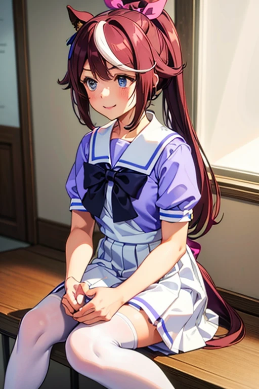 Tokai Teio,smile,high ponytail,streaked hair,fake animal tails,girl,best quality,tracen school uniform, sailor collar, bowtie, purple shirt, sailor shirt, short sleeves, white skirt, white thighhighs,white kneehighs,Narrowed sleeves, long chair,sitting,blue line on the edge of the white skirt,