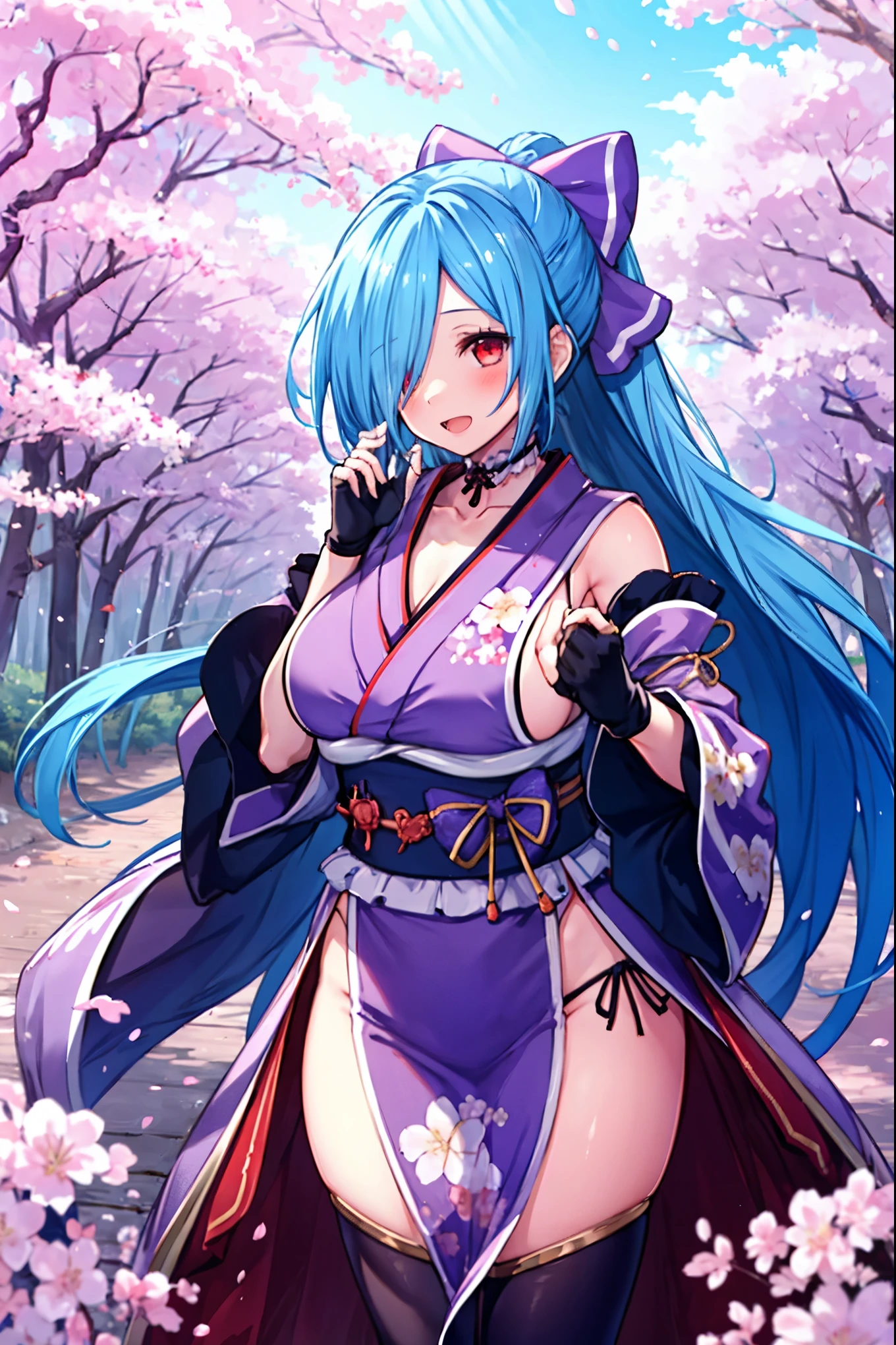 masterpiece, best quality, (1girl, solo),
yamato iori, 1ung_teirl, virtual youtuber, solo, gloves, bow, hair bow, long hair, hair over one eye, thighhighs, blue hair, fingerless gloves, red eyes, japanese clothes, full body, detached sleeves, ponytail, looking at viewer, black gloves, very long hair, (heavy&soft_large_breasts:1.4), purple bow, kimono, smile, open mouth, transparent background, standing, sash, obi, purple kimono
blush,cherry blossoms,
( outdoors, forest, upper body, dynamic pose, looking at viewer, ),plump
