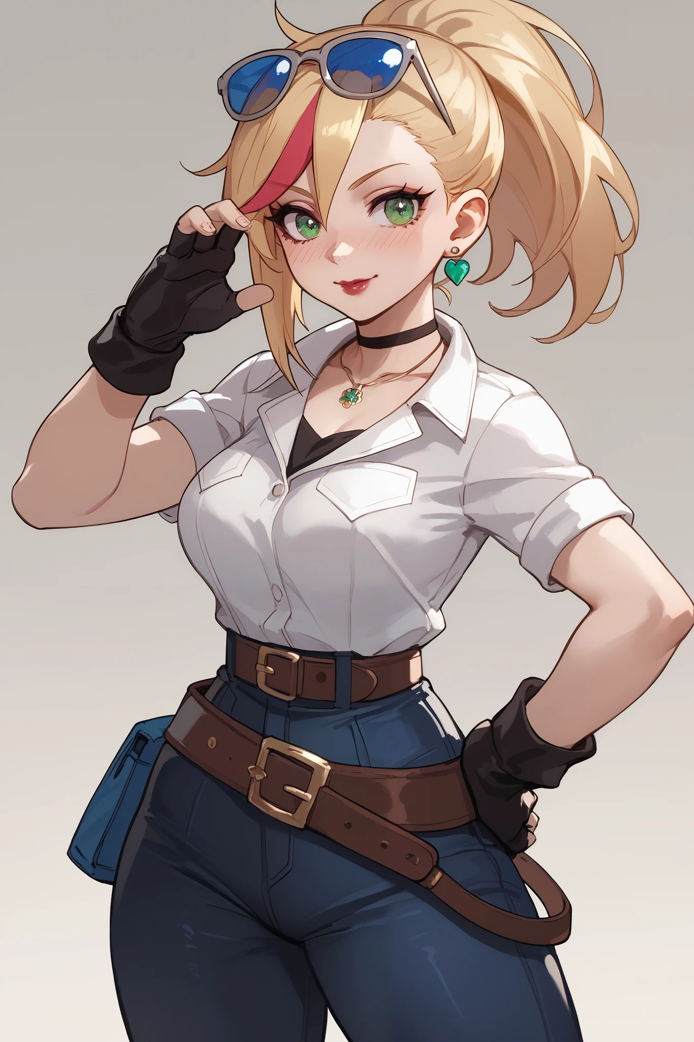 20 year old girl, ponytail blonde hair, lots of red stripes on hair, blue sunglasses on head, cute face, green eyes, long eyelashes, light blush, green earrings, prism necklace, black swin top, black swin bottom, fingerless gloves, very loose brown belt, steel toe boots, thin waist, standing, relaxed down arms, cute pose, red Lips, Makeup, Nose Blush, Full body overview, fullbody view 