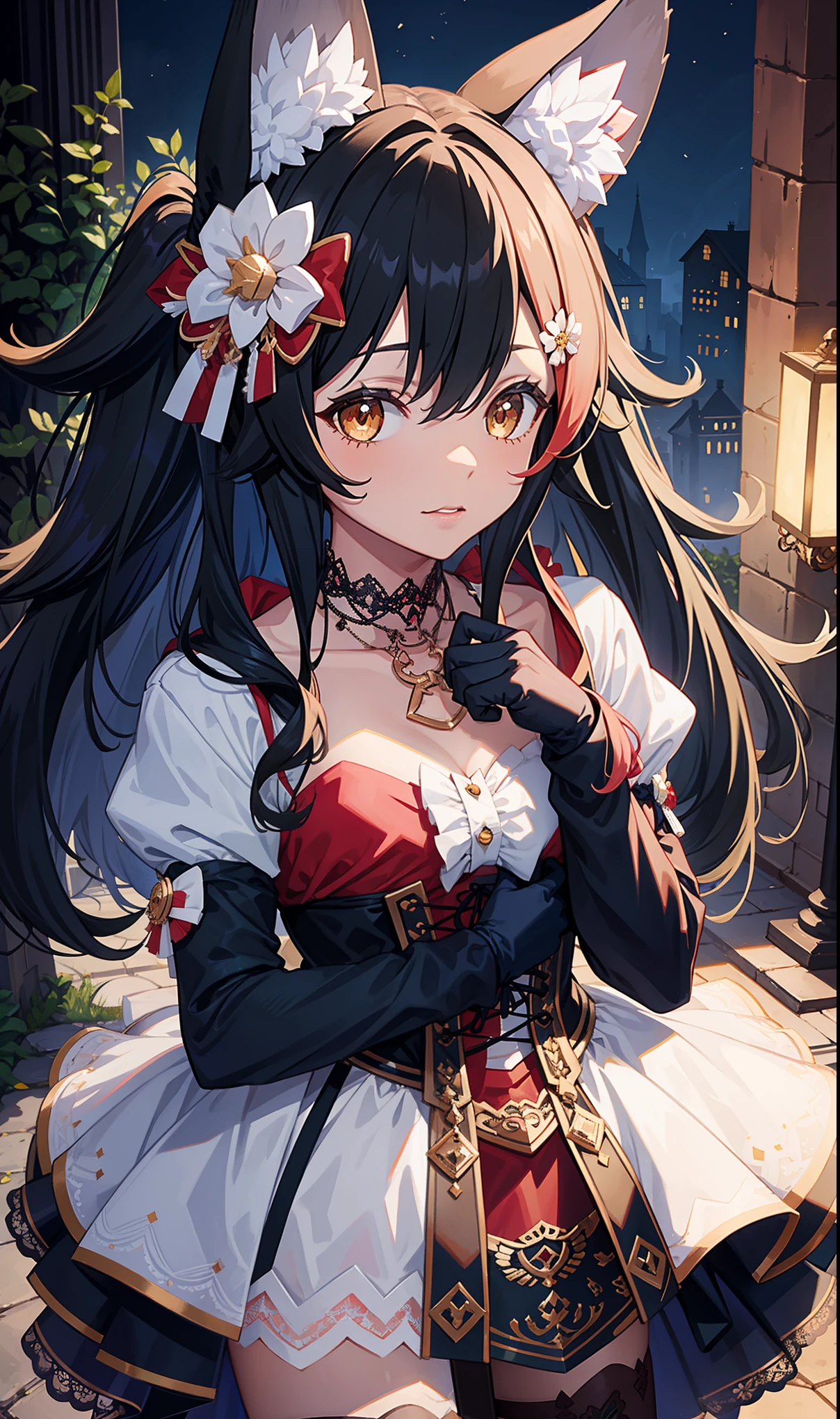 masterpiece,    top quality,    high resolution,  masterpiece:1.2,     high quality  , 8K,      grow up beautifully and meticulously   ,  happy ， miosha1, hair flower, twintails, hair over one eye, wolf tail,masterpiece, Best, night, Full Moon, 1 adult female,,  light pink lips, Fishnet stockings, Calm, Intellectuals, Three, Lace gloves,Street View,