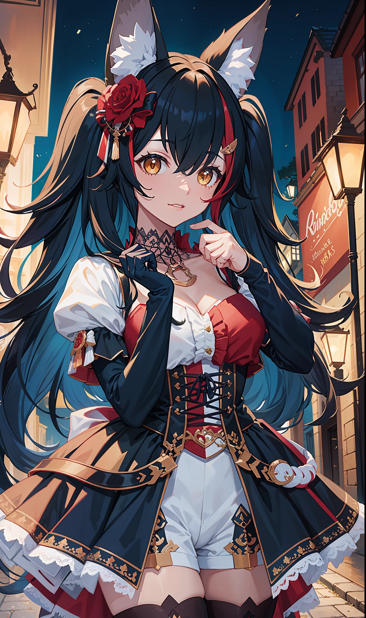 masterpiece,    top quality,    high resolution,  masterpiece:1.2,     high quality  , 8K,      grow up beautifully and meticulously   ,  happy ， miosha1, hair flower, twintails, hair over one eye, wolf tail,masterpiece, Best, night, Full Moon, 1 adult female,,  light pink lips, Fishnet stockings, Calm, Intellectuals, Three, Lace gloves,Street View,