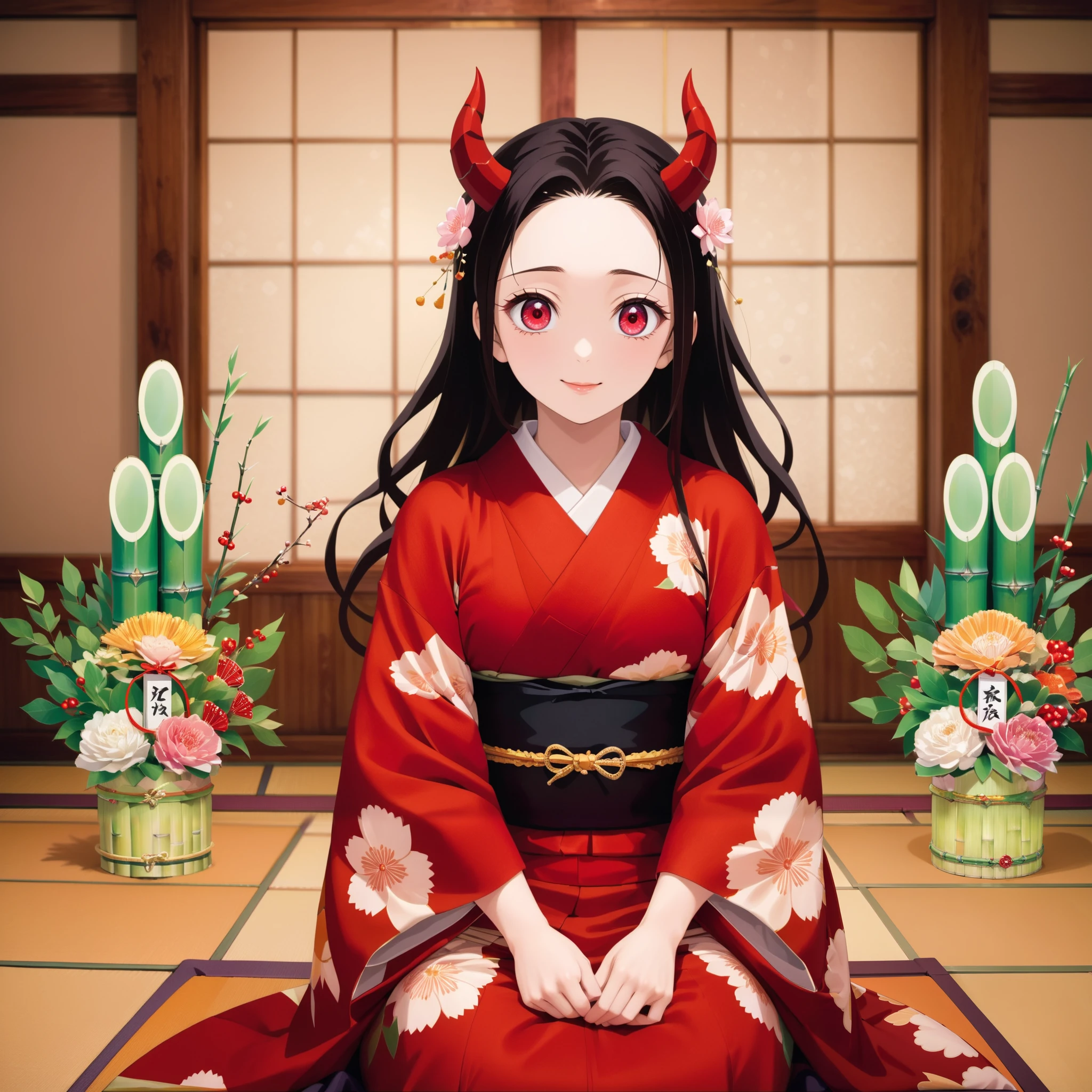 score_9, score_8_up, score_7_up, (Demon Slayer, Kimetsu no yaiba style), (nezuko kamado), (1girl, solo), 20years old, black long hair, (red eyes, (red demon horns:1.4)), kimono, smile, (sitting straight, SEIZA), Japanese old style room, BREAK (Japanese new year event ornament, (Japanese bamboo ornament, Kadomatsu, cut bamboo:1.1))