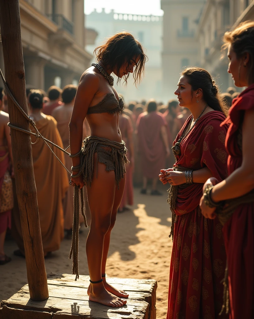 A bustling marketplace in the bustling slave market of ancient Rome, captured with the Hasselblad H6D 400c Multi Shot. A barbaric, muscular woman, leaning back against a thick wooden pole, her hands tied behind her back to the pole, standing resignedly on a wooden platform, wearing a torn and dirty rags, looking down at her bare feet, her hair ruffled and matted. There's a metal slave collar around her neck. With bare legs and feet, she stands on a wooden platform in front of a wealthy, richly dressed Roman matron, aristocrat. The scene takes place against the background of Roman patricians dressed in the rich costumes of ancient Rome, bathed in the light of a sunny day. Vivid colors and spectacular chiaroscuro emphasize the drama.