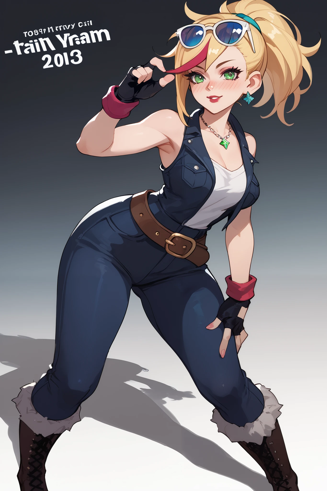 20 year old girl, ponytail blonde hair, lots of red stripes on hair, blue sunglasses on head, cute face, green eyes, long eyelashes, light blush, green earrings, prism necklace, black swin top, black swin bottom, fingerless gloves, very loose brown belt, steel toe boots, thin waist, standing, relaxed down arms, cute pose, red Lips, Makeup, Nose Blush, Full body overview, fullbody view