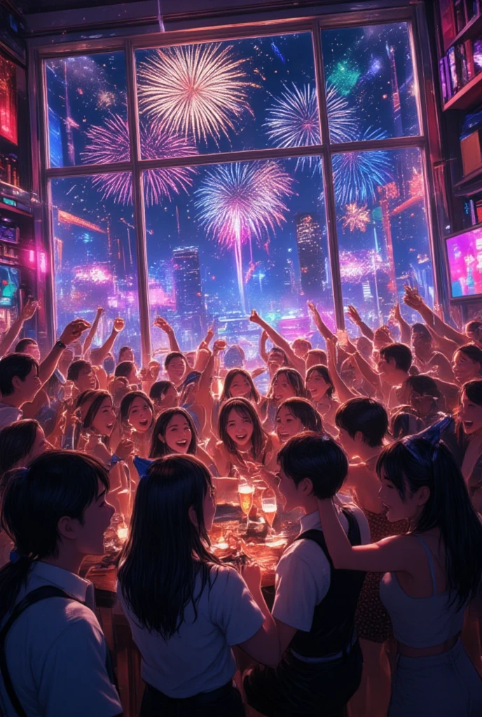 (Masterpiece, high quality, high definition, 4K, 8k, detail)、（HAPPY NEW YEAR 2025) sign、 people enjoying a New Year's party 々、Cheering at work 、 I can see fireworks outside the big window in the back、club、