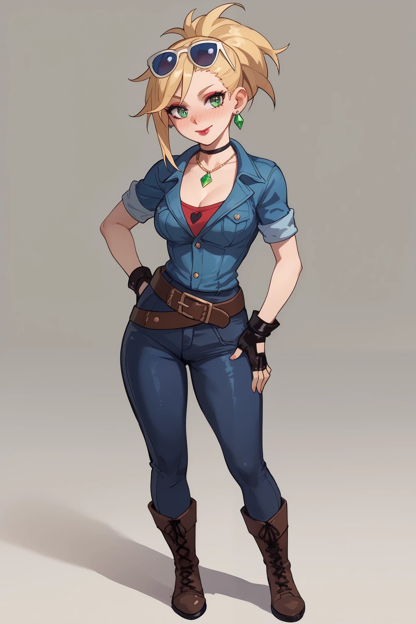 20 year old girl, ponytail blonde hair, lots of red stripes on hair, blue sunglasses on head, cute face, green eyes, long eyelashes, light blush, green earrings, prism necklace, black swin top, black swin bottom, fingerless gloves, very loose brown belt, steel toe boots, thin waist, standing, relaxed down arms, cute pose, red Lips, Makeup, Nose Blush, Full body overview, fullbody view
