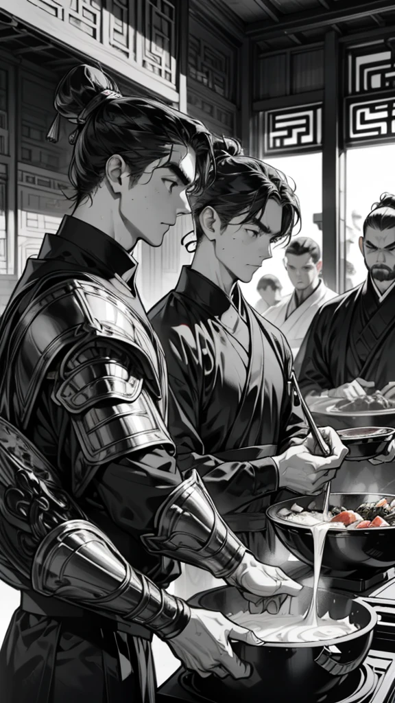  4 comics、Black and White、China、   armor restaurant 、 five scenes  、cooking scene  