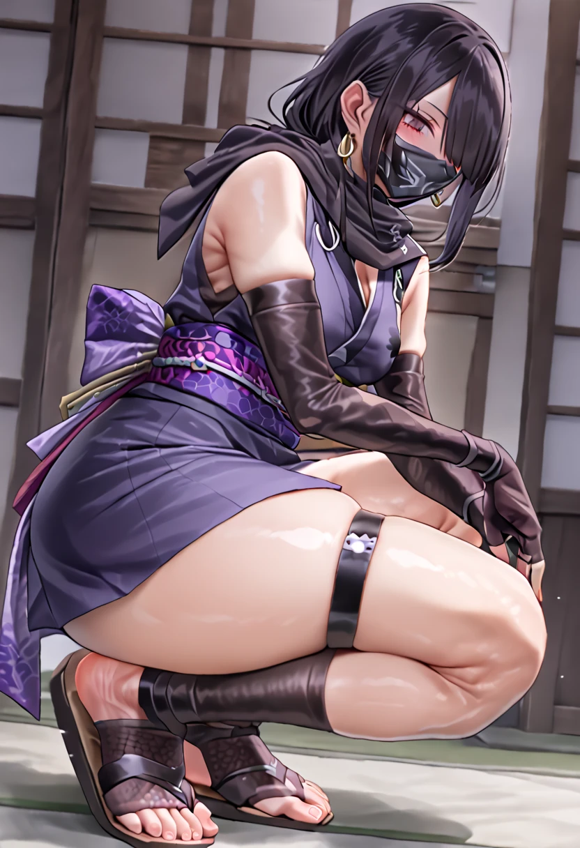 spread legs behind her head,night,hard rain,masterpiece, best quality, extremely detailed, (solo), fullBODY,seductive woman, angry look,oily skin, sweating a lot, soaked,big  female ninja, wearing purple Japanese armor,wearing a purple festival loincloth,wearing purple tabi socks, wearing rpurple fishnet tights, holding a sword,thick lips, dark eyebrows, almond brown eyes, black hair, ((skin:1.4), chest wrap, dark blue long scarf, (from below:1.2), Japanese garden, (pubic tattoo, glowing tattoo:1.3)