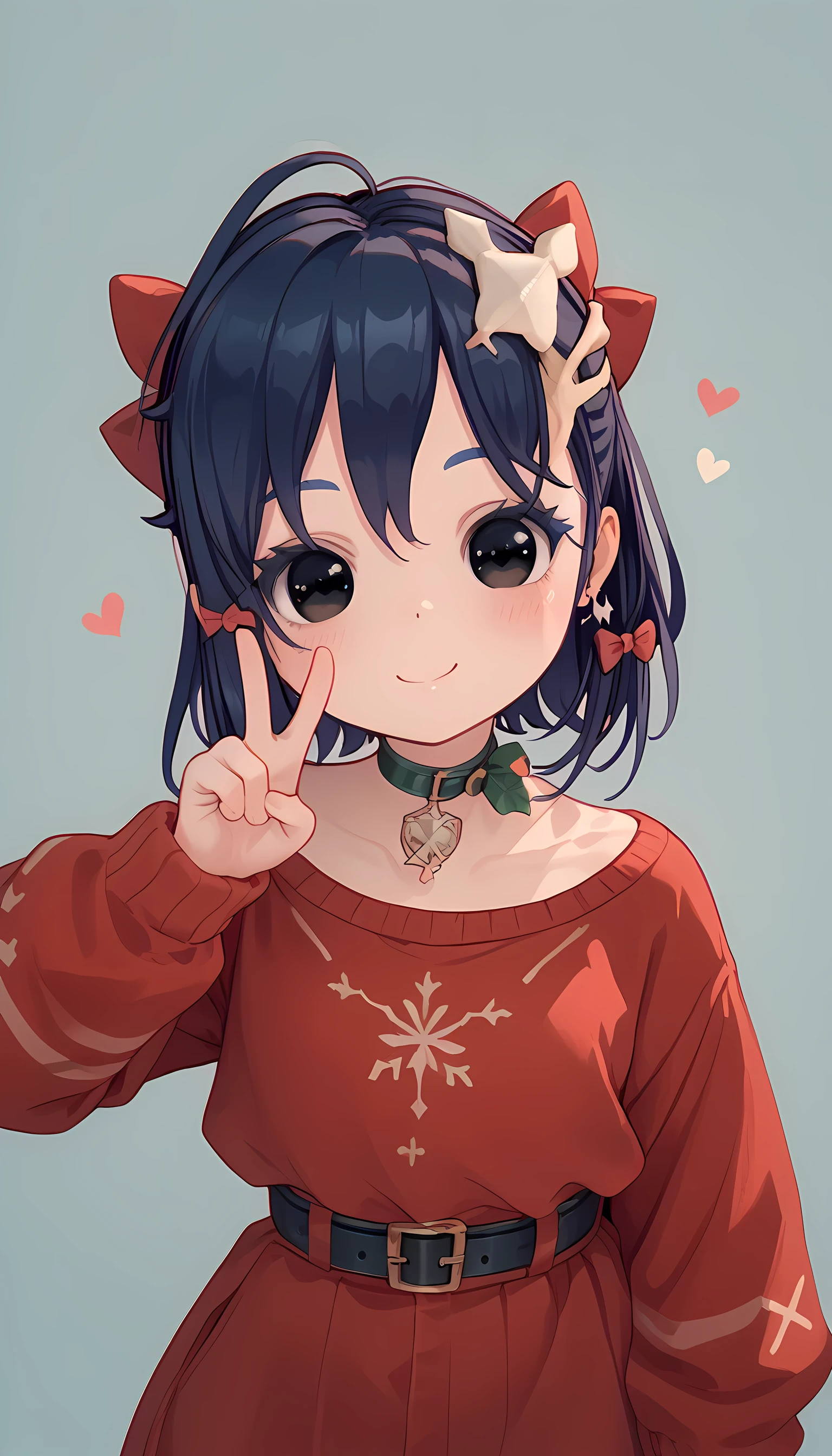 (TinyMita), (dark blue hair), little, short, (**li), cute smile, blush, (black eyes), (red hair bow), red Christmas sweater, wide line art, simplistic, cute, cute pose, v sign, simplistic background 