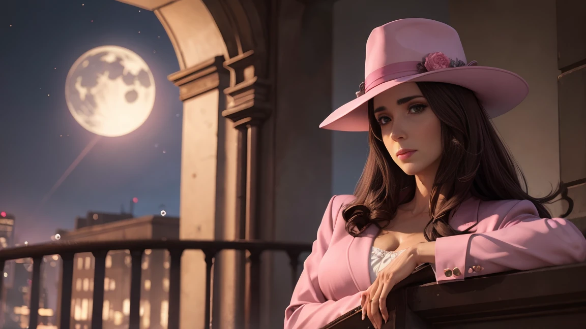 8K,  best quality, masterpiece, Victoria Villarruel dressed as a mobster in a pink suit and hat, detailed face, smooth face,  long dark brown hair , on a dark balcony in the moonlight .