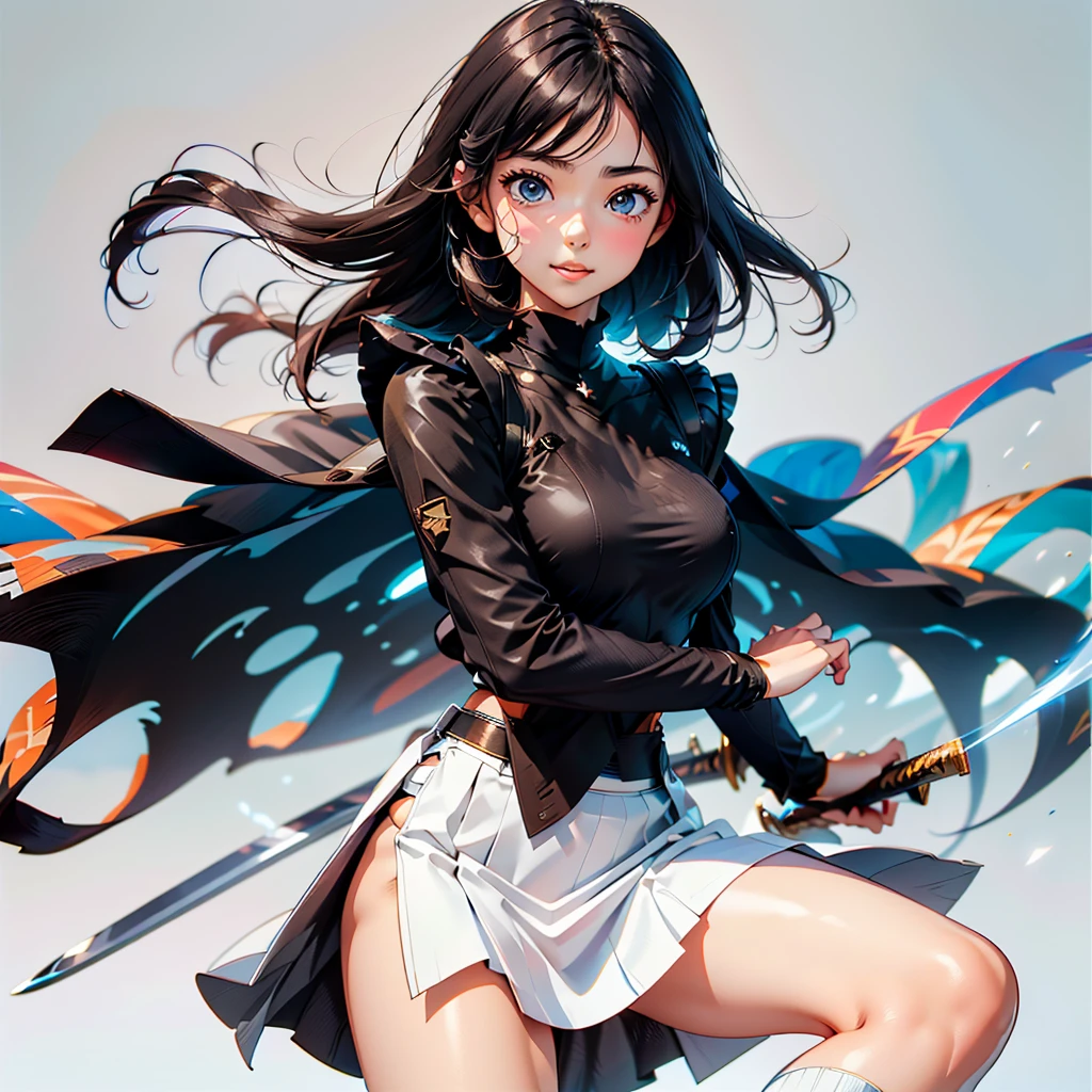 Cute girl, pulled panty, black princess cut hair, brown eyes, cute colorful coat on shoulder , cute colorful coat and hair blowing in wind, white skirt, ((sexy costume, perfect body)), perfect big breasts ,(cool black eyes),  grinning face, blue skirt,  simple white  background, white teeth , equipped Japanese sword on back,  armor , ready to draw sword pose, dynamic cool scene 