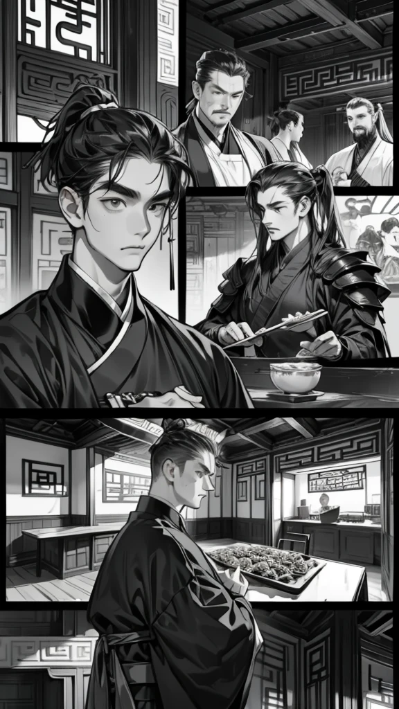  Chinese cartoon 、Black and White、   armor restaurant 、 five scenes  、  Chinese food scene  