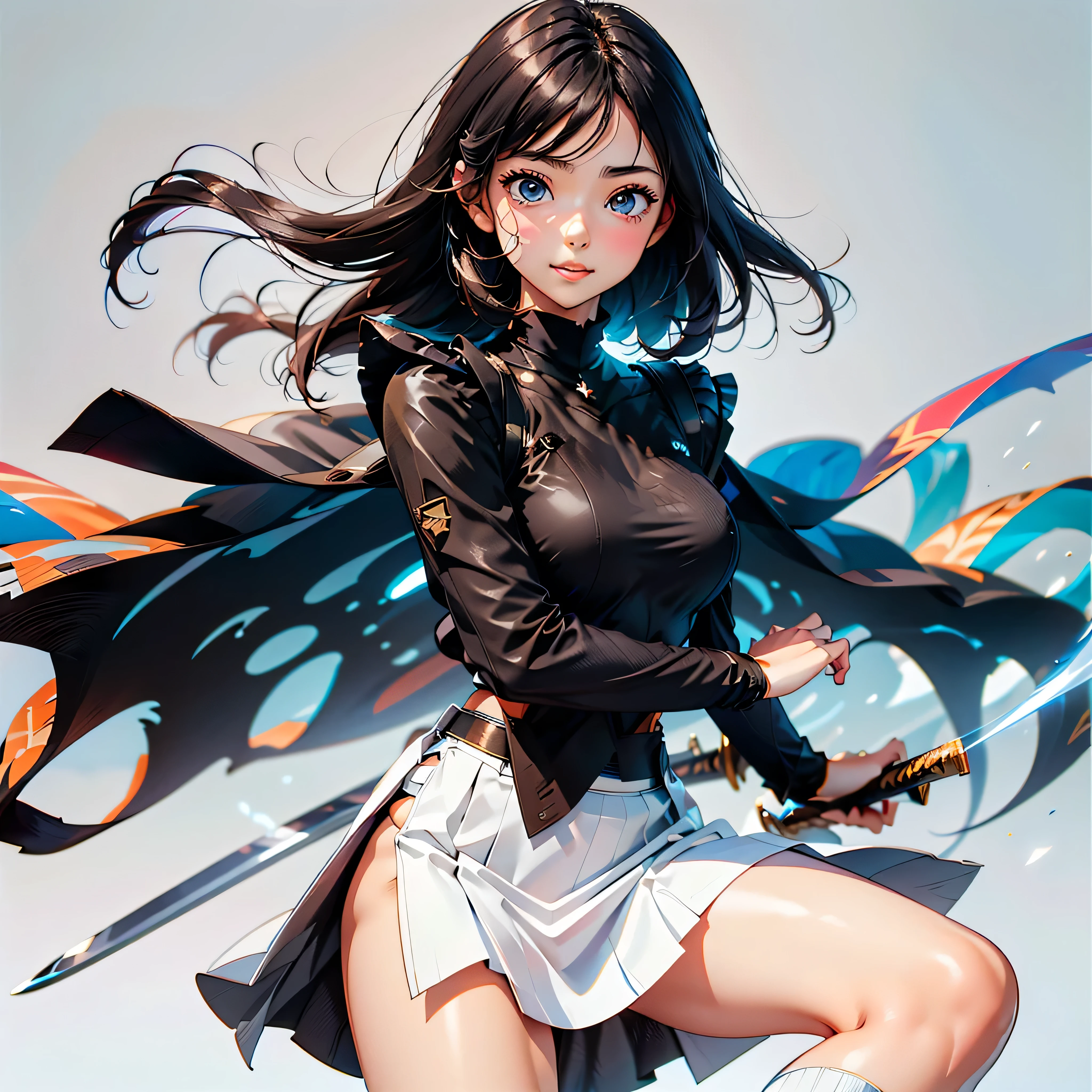 Cute girl, pulled panty, black princess cut hair, brown eyes, cute colorful coat on shoulder , cute colorful coat and hair blowing in wind, white skirt, ((sexy costume, perfect body)), perfect big breasts ,(cool black eyes),  grinning face, blue skirt,  simple white  background, white teeth , equipped Japanese sword on back,  armor , ready to draw sword pose, dynamic cool scene 