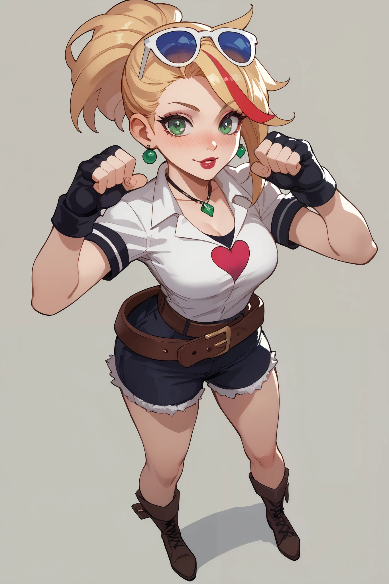 20 year old girl, ponytail blonde hair, lots of red stripes on hair, blue sunglasses on head, cute face, green eyes, long eyelashes, light blush, green earrings, prism necklace, black swin top, black swin bottom, fingerless gloves, very loose brown belt, steel toe boots, thin waist, standing, relaxed down arms, cute pose, red Lips, Makeup, Nose Blush, Full body overview, fullbody view 