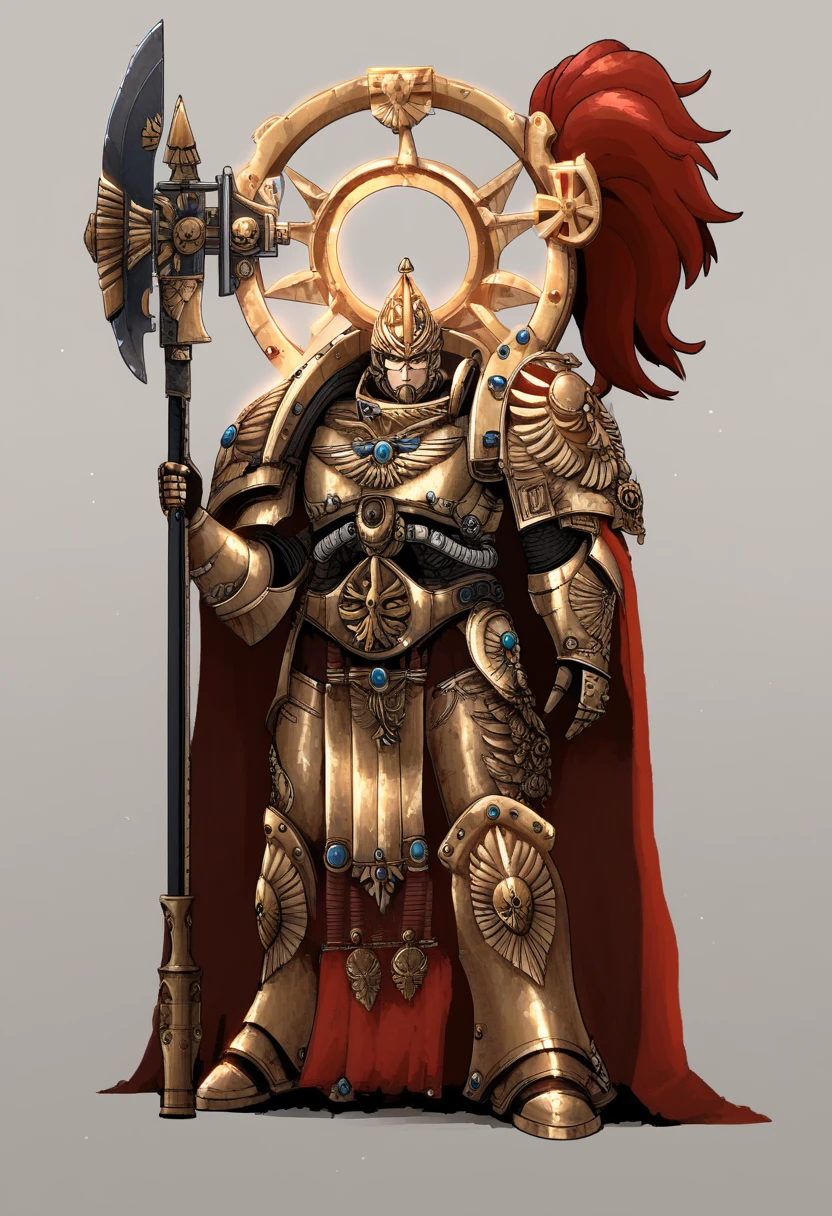 Anime, Concept art, Absurd resolution, high resolution, (masterpiece: 1.4), hyper-detail, warhammer 40k armor, gold armor, heavy armor, plated armor, full body, glowing weapon, cloak, edgy, grimdark, octosoup, 1man, bulky, buff, red plume, loin cloth, helmet, reference sheet, iron halo, adepus custode, full shot, Holding_Halberd_V1
