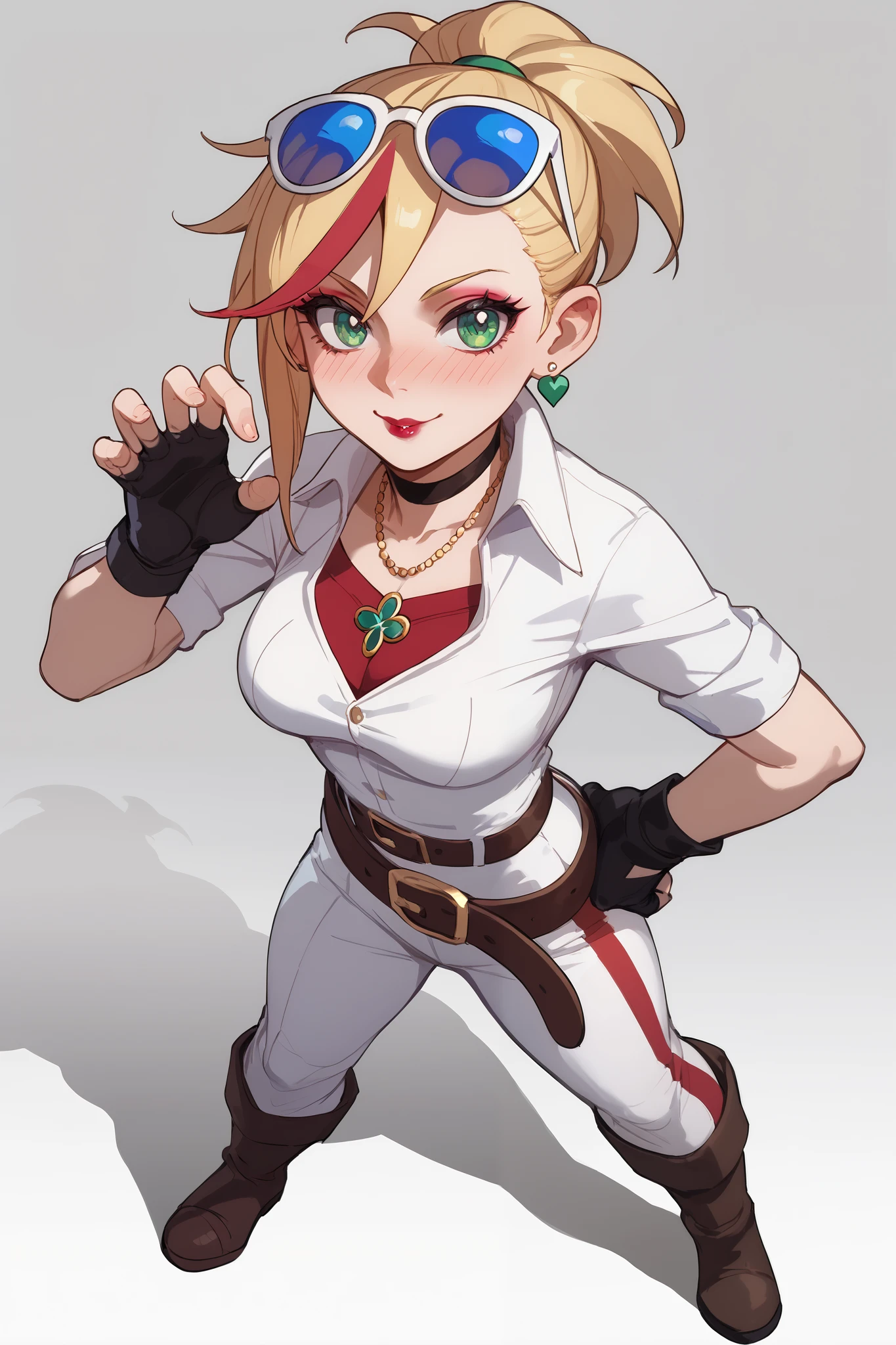 20 year old girl, ponytail blonde hair, lots of red stripes on hair, blue sunglasses on head, cute face, green eyes, long eyelashes, light blush, green earrings, prism necklace, black swin top, black swin bottom, fingerless gloves, very loose brown belt, steel toe boots, thin waist, standing, relaxed down arms, cute pose, red Lips, Makeup, Nose Blush, Full body overview, fullbody view