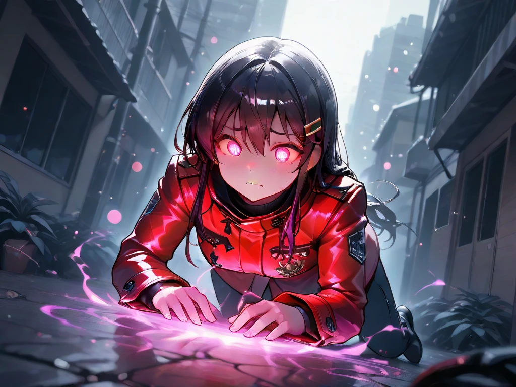 Alone,1girl\(Haruna,Haruna,Haruna,Aaron,(Aaron:1.3), 1girl, cute, beautiful, beautiful eyes, red survival coat,survival-kit, glowing eyes, psychic purple spark aura, worrying\), Collapsed and jungle city. masterpiece, best quality,beautiful bokeh,dynamic angle, 3d, landscape