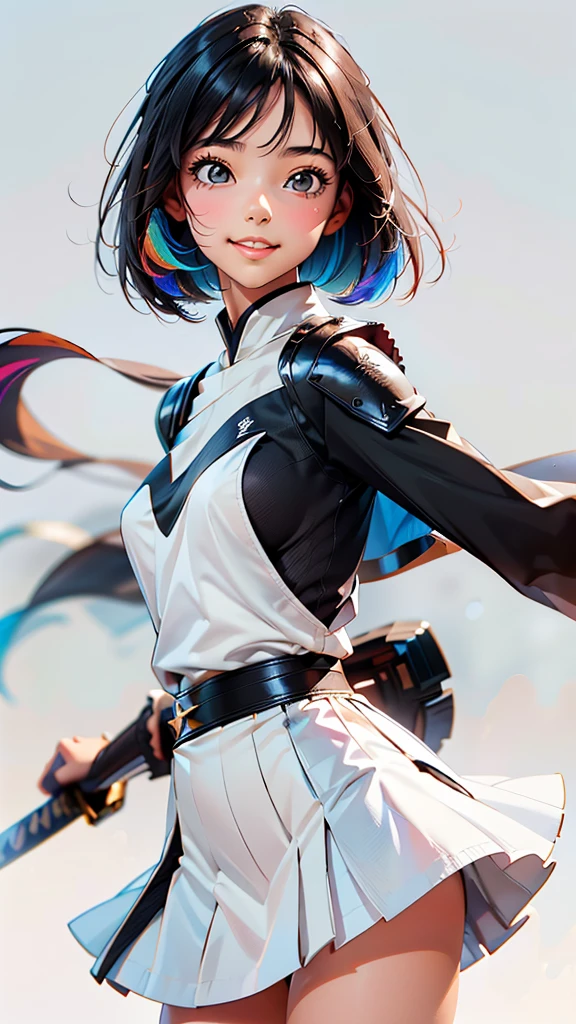 Cute girl, pulled panty, black princess cut hair, brown eyes, cute colorful coat on shoulder , cute colorful coat and hair blowing in wind, white skirt, ((sexy costume, perfect body)), perfect big breasts ,(cool black eyes),  grinning face, blue skirt,  simple white  background, white teeth , equipped Japanese sword on back,  armor , ready to draw sword pose, dynamic cool scene 