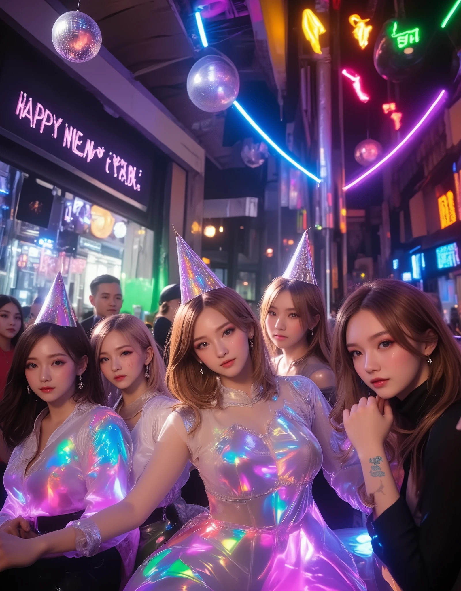 8K resolution, masterpiece, Highest quality, Award-winning works, A woman Drinking with female friends at the bar counter after drinking too much at a New Year's party, disco, dance party, cocktails, mirror ball, party cone hat, new year party decorations, party hat, シャンパン, Party popper, big banner "Happy New Year",