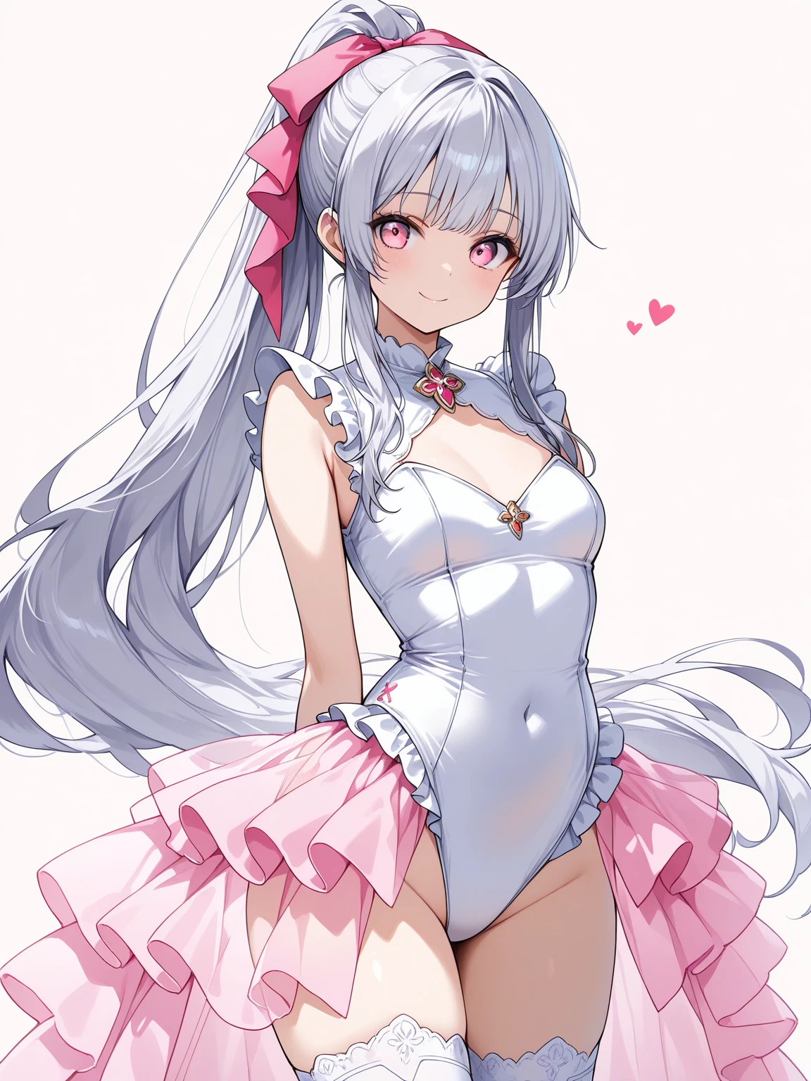 ((masterpiece, best quality)), 1girl, silver hair, long hair, ponytail, long sidelocks, pink eyes, goddess, fluffy, (white frilled leotard, layered dress, sleeveless, pink skirt, white overskirt, see-through showgirl skirt, frills), white thighhighs, hair ribbon, smile, looking at viewer, cowboy shot, no cropping, simple background, 