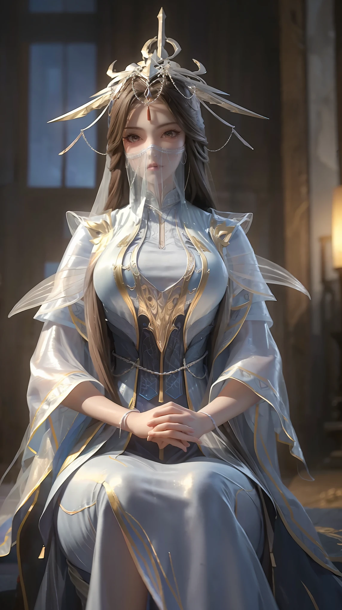 Arad woman in a dress sitting on a throne, cute anime waifu in a nice dress, huge large fake breasts, trending on cgstation, 8K high quality detailed art, anime barbie in white, highly detailed exquisite fanart, Extremely detailed Artgerm, the anime girl is crouching, Flowing magic robe, Beautiful and attractive anime woman, WLOP 和 Sakimichan,With a translucent veil
