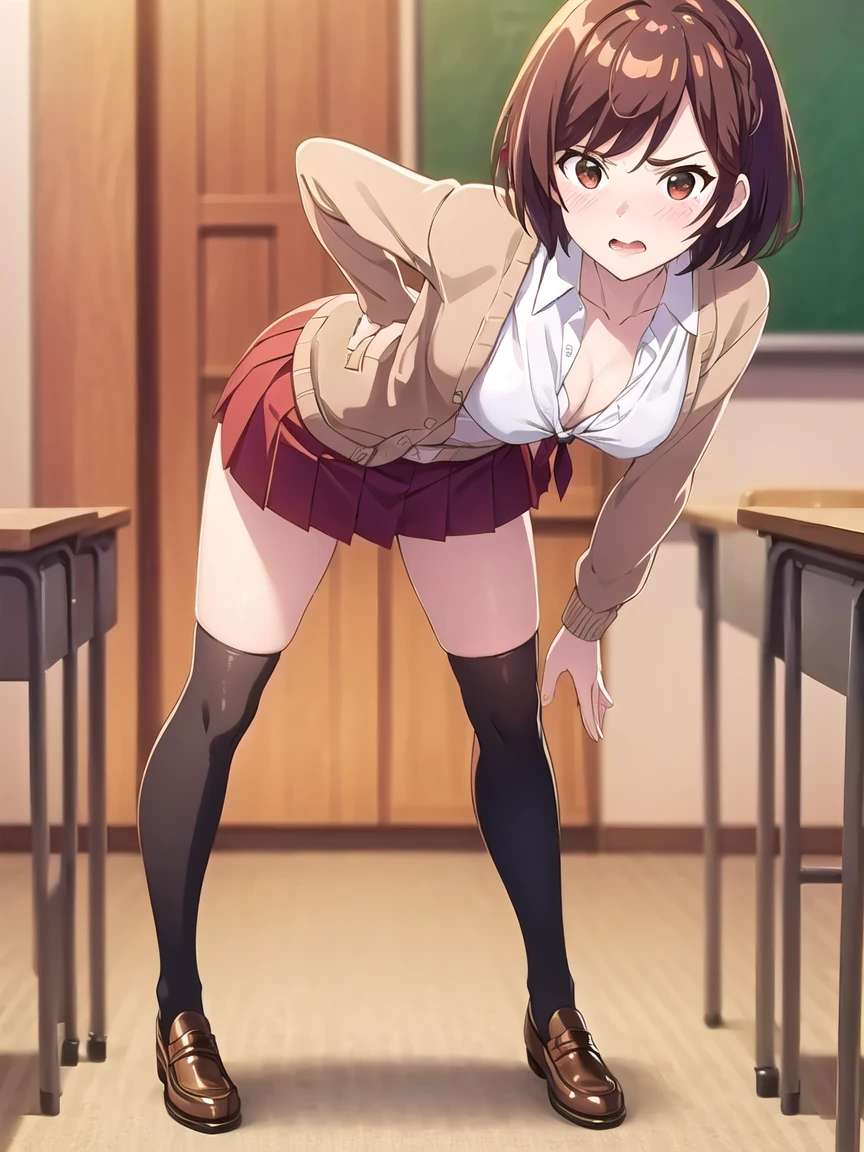 Highest quality, High resolution, masterpiece, (Beautiful Eyes), (Fine grain), Detailed face, kumiko oumae, Brown eyes, Brown Hair, short hair, Wavy Hair, smile, blush, skirt, shirt, Long sleeve, , pleated skirt, neckerchief, brown skirt, whiteいセーラーカラー, brown shirt, Kitauji High , red neckerchief, indoor, classroom, Chair, machine, (Panties丸見え:1.5), (Wide pelvis:1.5), (white_Panties:1.5), (Thick thighs), (kick a boy in the face:1.5)