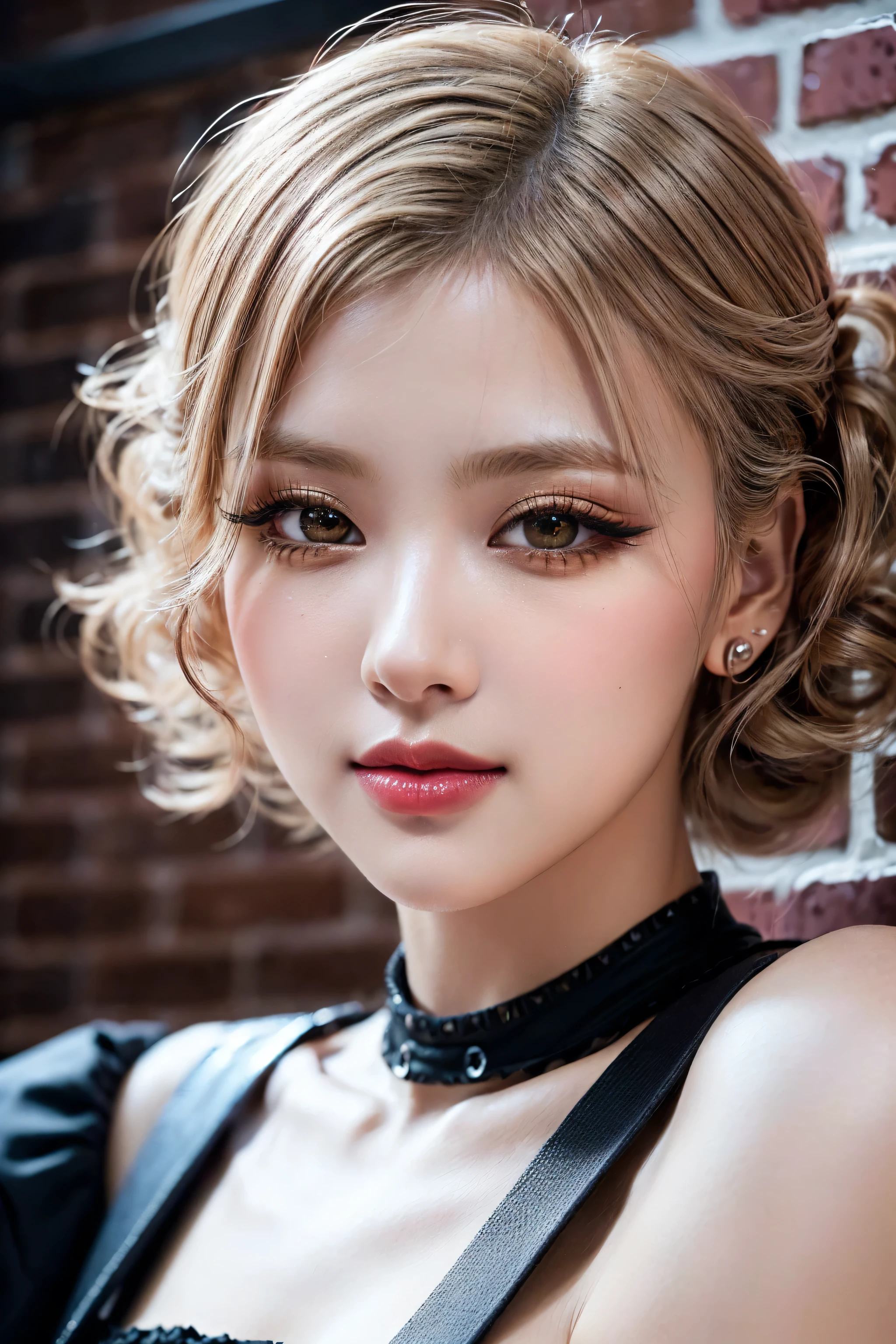 Realistic (photorealistic Realism), (high resolution), ((intricately detailed digital art)), professional photography, ((portrait) a [Rosé from blackpink]:1.3), (ultra realistic texture details: velvety skin, hair),(close- up eyes:1.3),((sharp focus, no blurry, high resolution, absurd quality, Realistic brown_eyes:1.4), intricately detailed:1.3), ((extremely fine details eyes)), ((extra narrow eyebrows)), (Carefully draw Long eyelashes), (perfect round eyes:1.3), (finely detailed pupils:1.3), ((extremely fine details pupils:1.3)), ((extremely fine details iris of the eyes:1.3)), (Shining, mesmerizing, Vibrant eyes:1.2), (professional makeup:1.4), ((perfect eyeshadows:1.4)), detailed lips:1.3, (apply glossy red_lipstick:1.34), (pink_makeup:1.3), (beautiful little nose), (perfect proportions:1.2),(small head),(anatomically correct), perfect female body, (firm and full breasts), (Super beautiful), (vivid and colorful), The attention to detail, focus of girl, dynamic pose, sexy and seductive, flirty smile, dslr, high quality split lighting, sharp focus captured by Fujifilm XT3, f 5.6, in a dramatic lighting, (perfect composition), (Style your hair, short hair, golden hair, curls at the ends of the hair, hair above one eye,(short blonde, combed to the side)), choker, ((Brick wall, Graffiti)), (oversized shirt,Outside the shoulder, transparent white shirt), exquisite balance of shadows, look at the viewer,