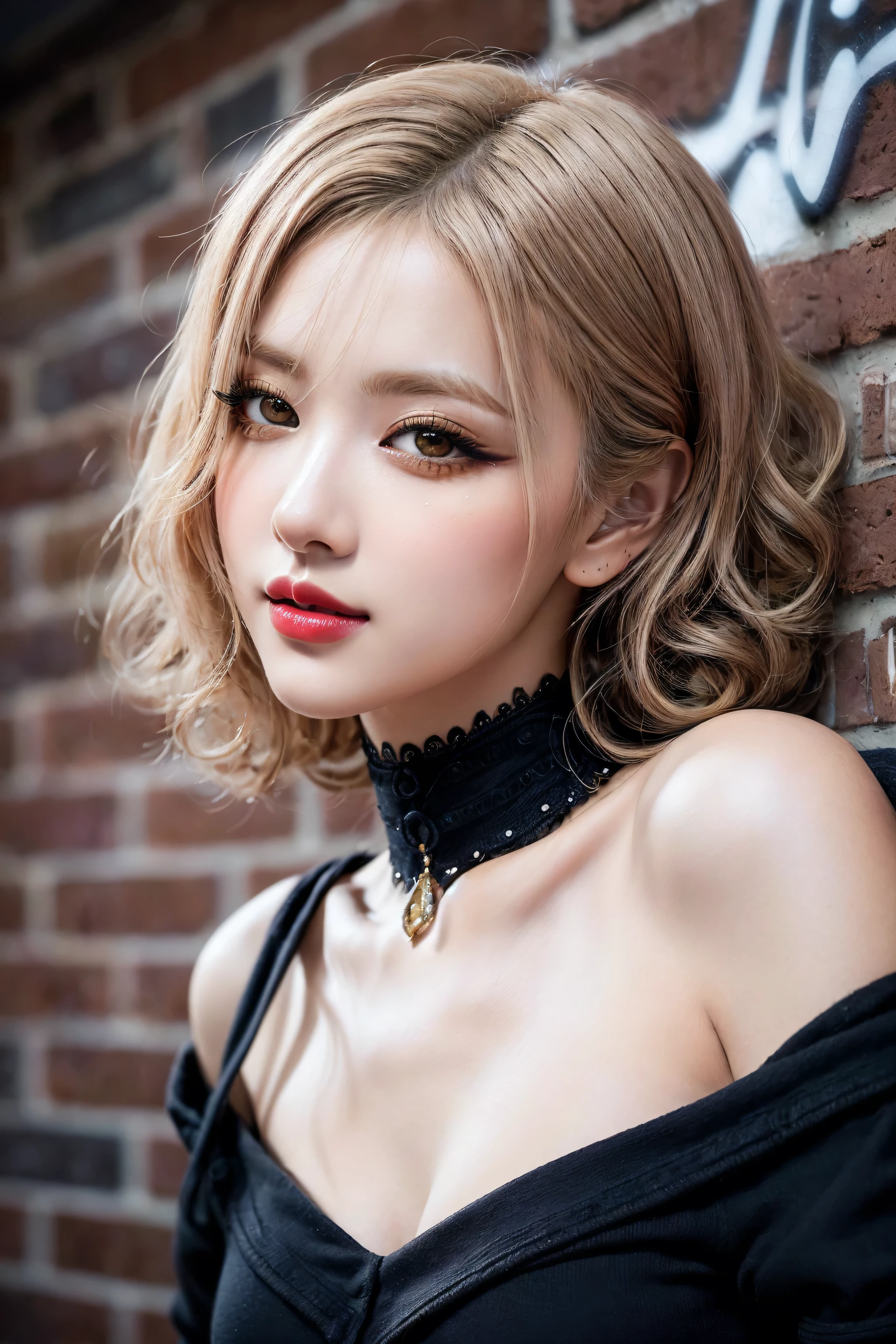 Realistic (photorealistic Realism), (high resolution), ((intricately detailed digital art)), professional photography, ((portrait) a [Rosé from blackpink]:1.3), (ultra realistic texture details: velvety skin, hair),(close- up eyes:1.3),((sharp focus, no blurry, high resolution, absurd quality, Realistic brown_eyes:1.4), intricately detailed:1.3), ((extremely fine details eyes)), ((extra narrow eyebrows)), (Carefully draw Long eyelashes), (perfect round eyes:1.3), (finely detailed pupils:1.3), ((extremely fine details pupils:1.3)), ((extremely fine details iris of the eyes:1.3)), (Shining, mesmerizing, Vibrant eyes:1.2), (professional makeup:1.4), ((perfect eyeshadows:1.4)), detailed lips:1.3, (apply glossy red_lipstick:1.34), (pink_makeup:1.3), (beautiful little nose), (perfect proportions:1.2),(small head),(anatomically correct), perfect female body, (firm and full breasts), (Super beautiful), (vivid and colorful), The attention to detail, focus of girl, dynamic pose, sexy and seductive, flirty smile, dslr, high quality split lighting, sharp focus captured by Fujifilm XT3, f 5.6, in a dramatic lighting, (perfect composition), (Style your hair, short hair, golden hair, curls at the ends of the hair, hair above one eye,(short blonde, combed to the side)), choker, ((Brick wall, Graffiti)), (oversized shirt,Outside the shoulder, transparent white shirt), exquisite balance of shadows, look at the viewer,