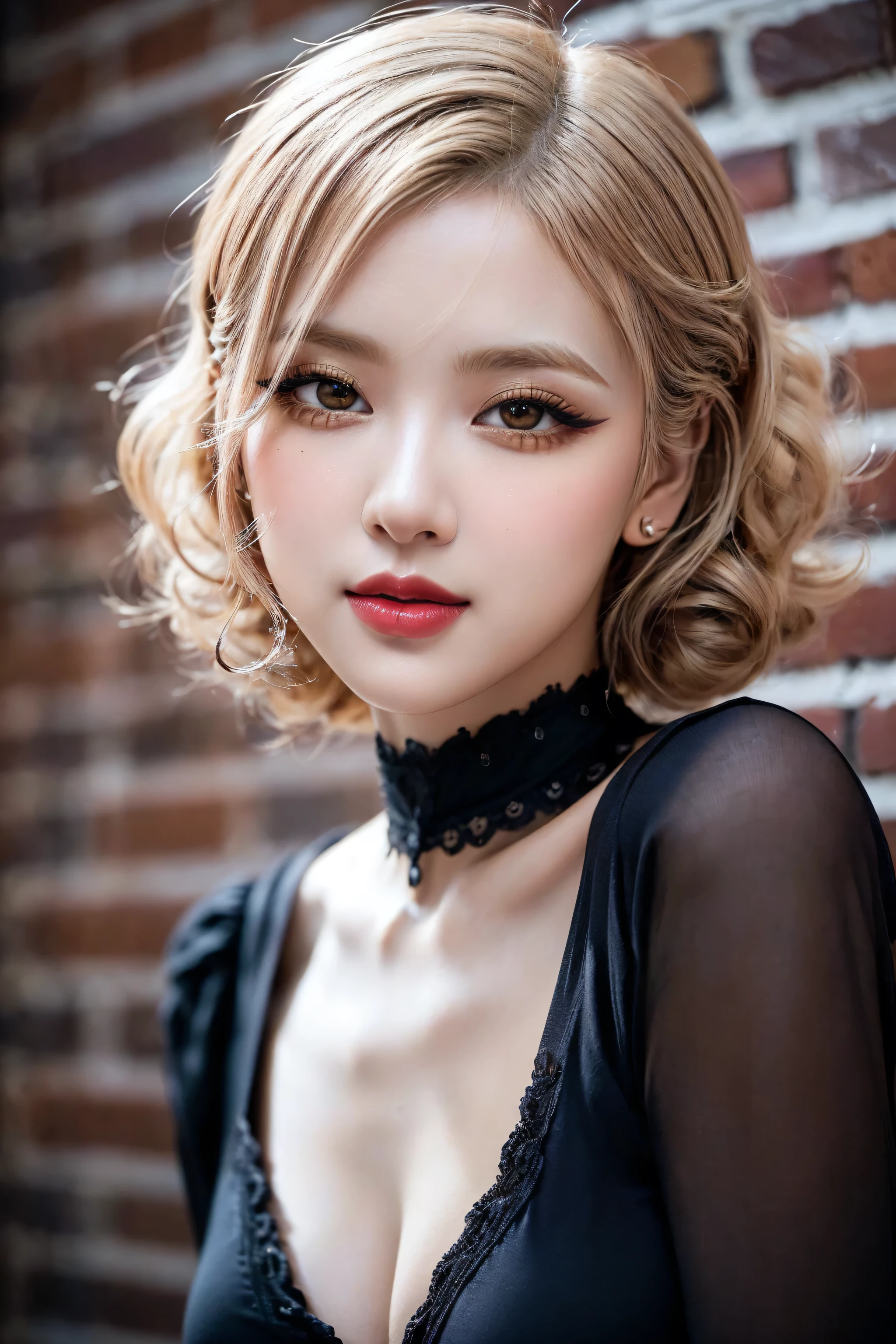 Realistic (photorealistic Realism), (high resolution), ((intricately detailed digital art)), professional photography, ((portrait) a [Rosé from blackpink]:1.3), (ultra realistic texture details: velvety skin, hair),(close- up eyes:1.3),((sharp focus, no blurry, high resolution, absurd quality, Realistic brown_eyes:1.4), intricately detailed:1.3), ((extremely fine details eyes)), ((extra narrow eyebrows)), (Carefully draw Long eyelashes), (perfect round eyes:1.3), (finely detailed pupils:1.3), ((extremely fine details pupils:1.3)), ((extremely fine details iris of the eyes:1.3)), (Shining, mesmerizing, Vibrant eyes:1.2), (professional makeup:1.4), ((perfect eyeshadows:1.4)), detailed lips:1.3, (apply glossy red_lipstick:1.34), (pink_makeup:1.3), (beautiful little nose), (perfect proportions:1.2),(small head),(anatomically correct), perfect female body, (firm and full breasts), (Super beautiful), (vivid and colorful), The attention to detail, focus of girl, dynamic pose, sexy and seductive, flirty smile, dslr, high quality split lighting, sharp focus captured by Fujifilm XT3, f 5.6, in a dramatic lighting, (perfect composition), (Style your hair, short hair, golden hair, curls at the ends of the hair, hair above one eye,(short blonde, combed to the side)), choker, ((Brick wall, Graffiti)), (oversized shirt,Outside the shoulder, transparent white shirt), exquisite balance of shadows, look at the viewer,