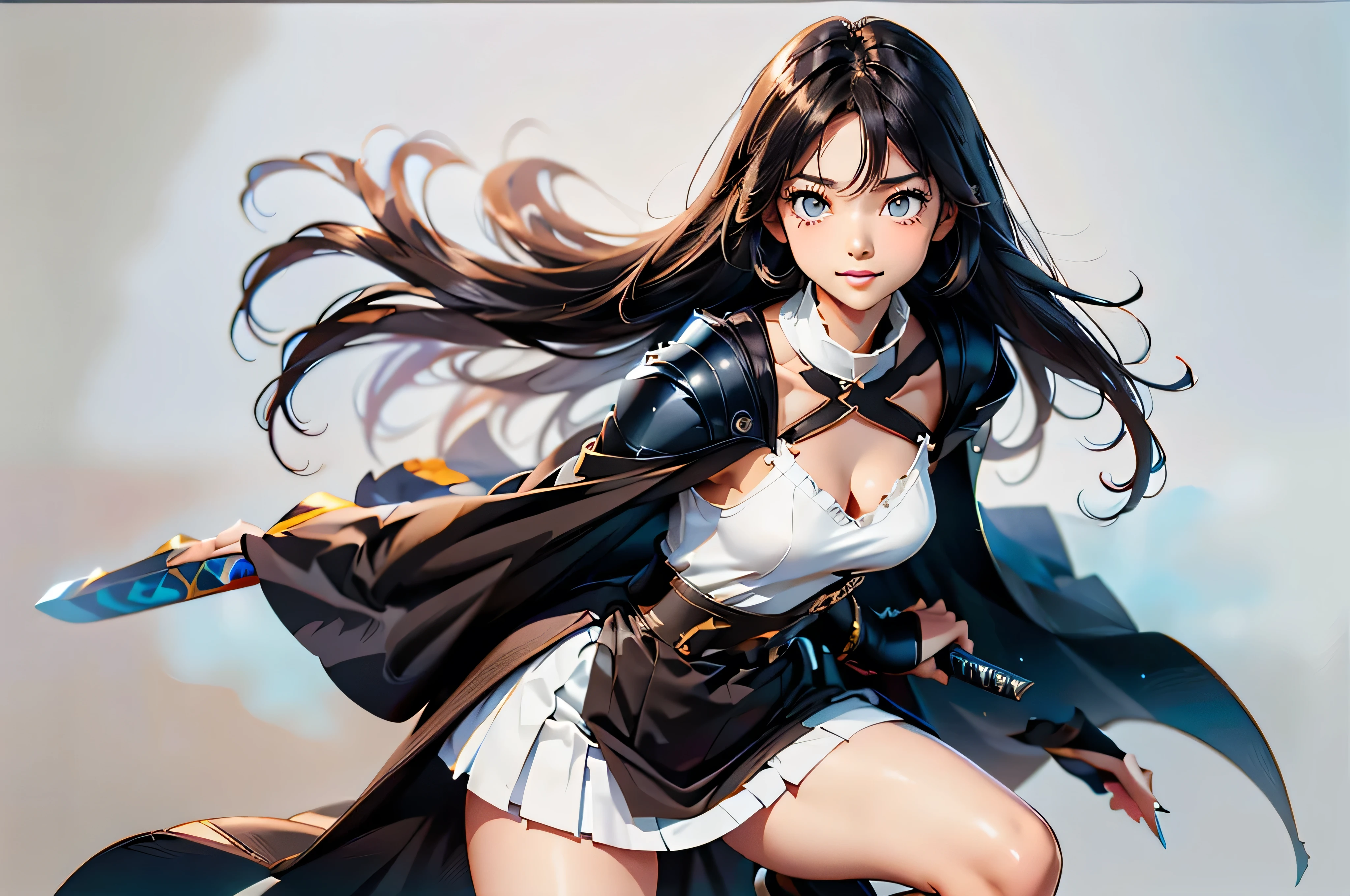 Cute girl, pulled panty, black princess cut hair, brown eyes, cute colorful coat on shoulder , cute colorful long coat and long hair blowing in wind, white skirt, ((sexy costume, perfect body)), perfect big breasts ,(cool black eyes),  grinning face, blue skirt,  simple white  background, white teeth , equipped Japanese sword on back,  armor , ready to draw sword pose, dynamic cool scene 